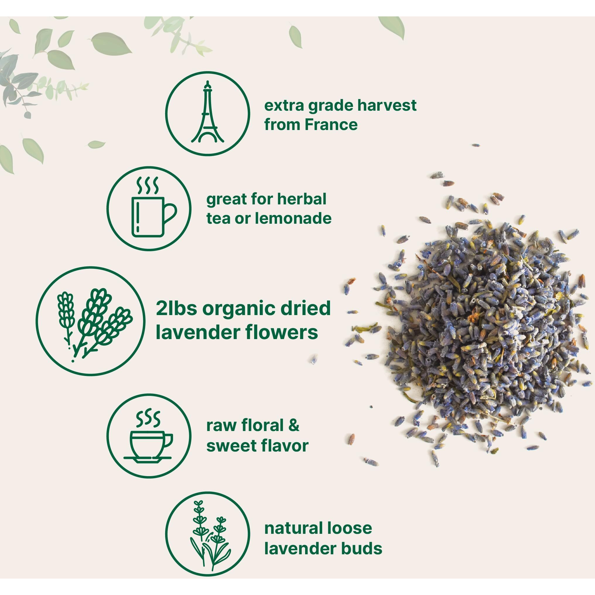 Organic Dried Lavender Flowers, 2Lb (32Oz) | Culinary Lavender From France For Tea, Home Fragrance & Sachets | Food Grade Edible Lavender Buds | Non-Gmo, Bulk Supply