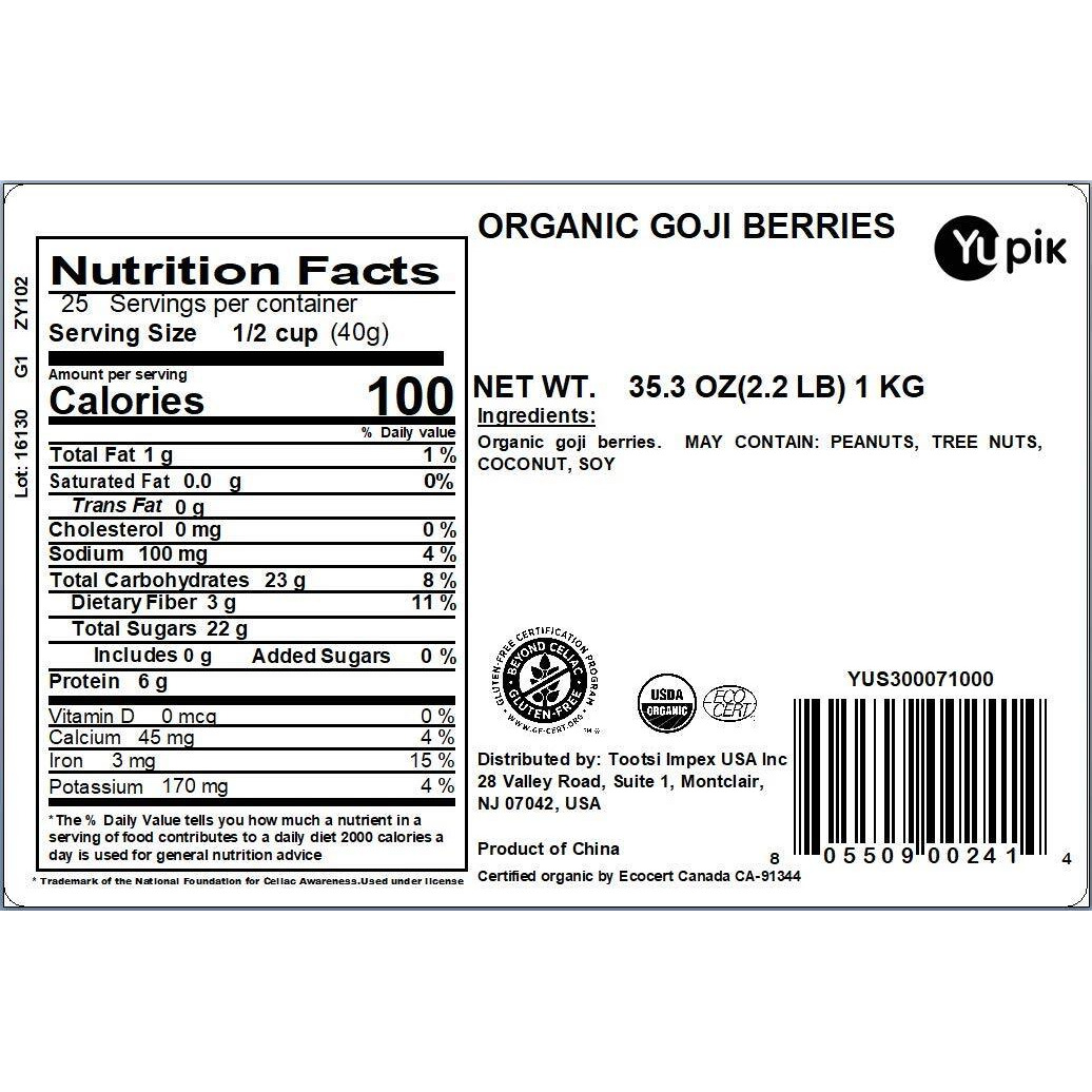 Yupik Organic Dried Goji Berries, 2.2 Lb, Gluten-Free, Non-Gmo, Vegan, Dried Fruits, Wolfberries, Sulphite-Free, Superfood, High In Vitamin A And C, Source Of Fiber, Healthy Snacks, Ideal For Baking