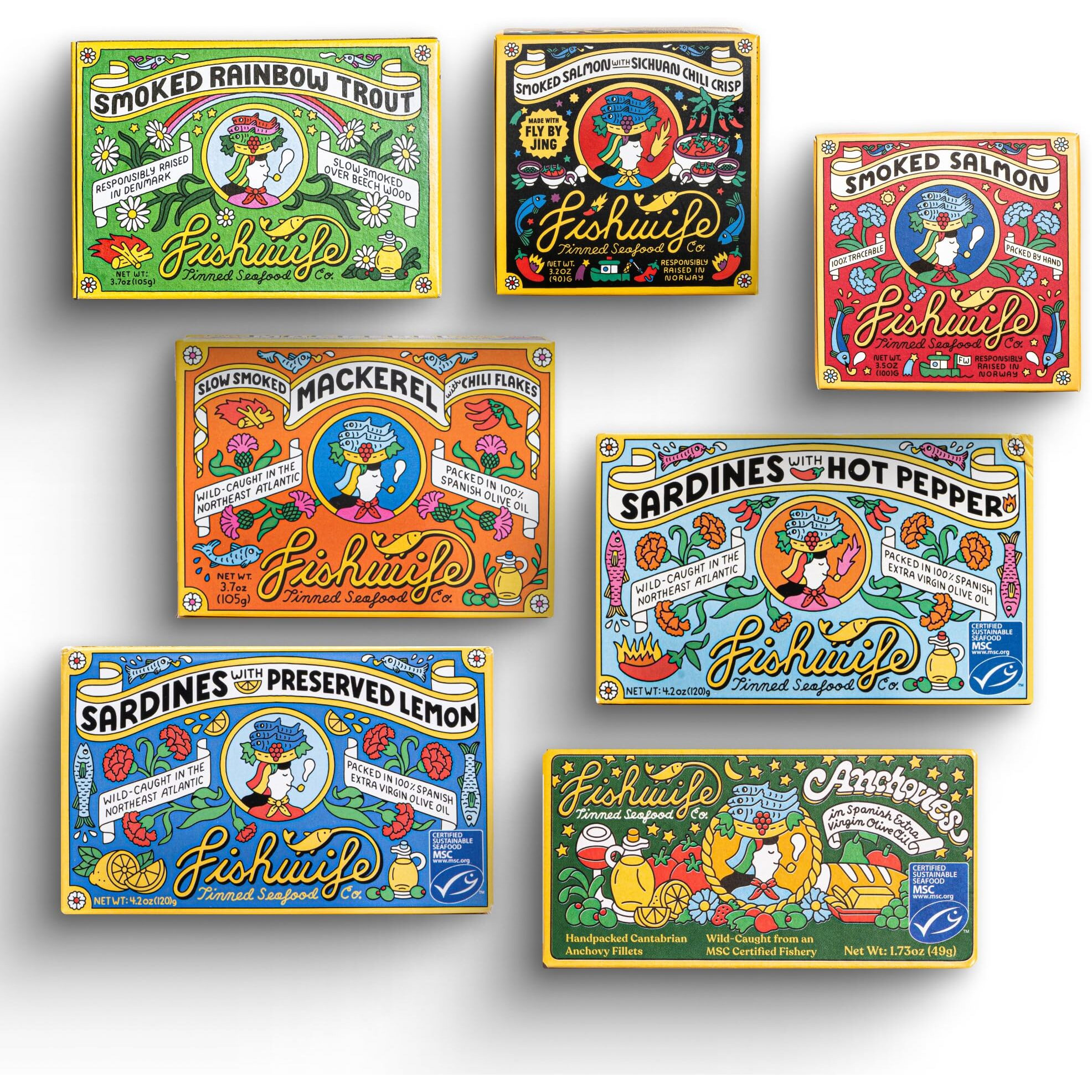 Fishwife Starter 7-Pack (Variety Of Tinned Seafood Including Smoked Salmon, Rainbow Trout, Sardines & More) | Gluten Free