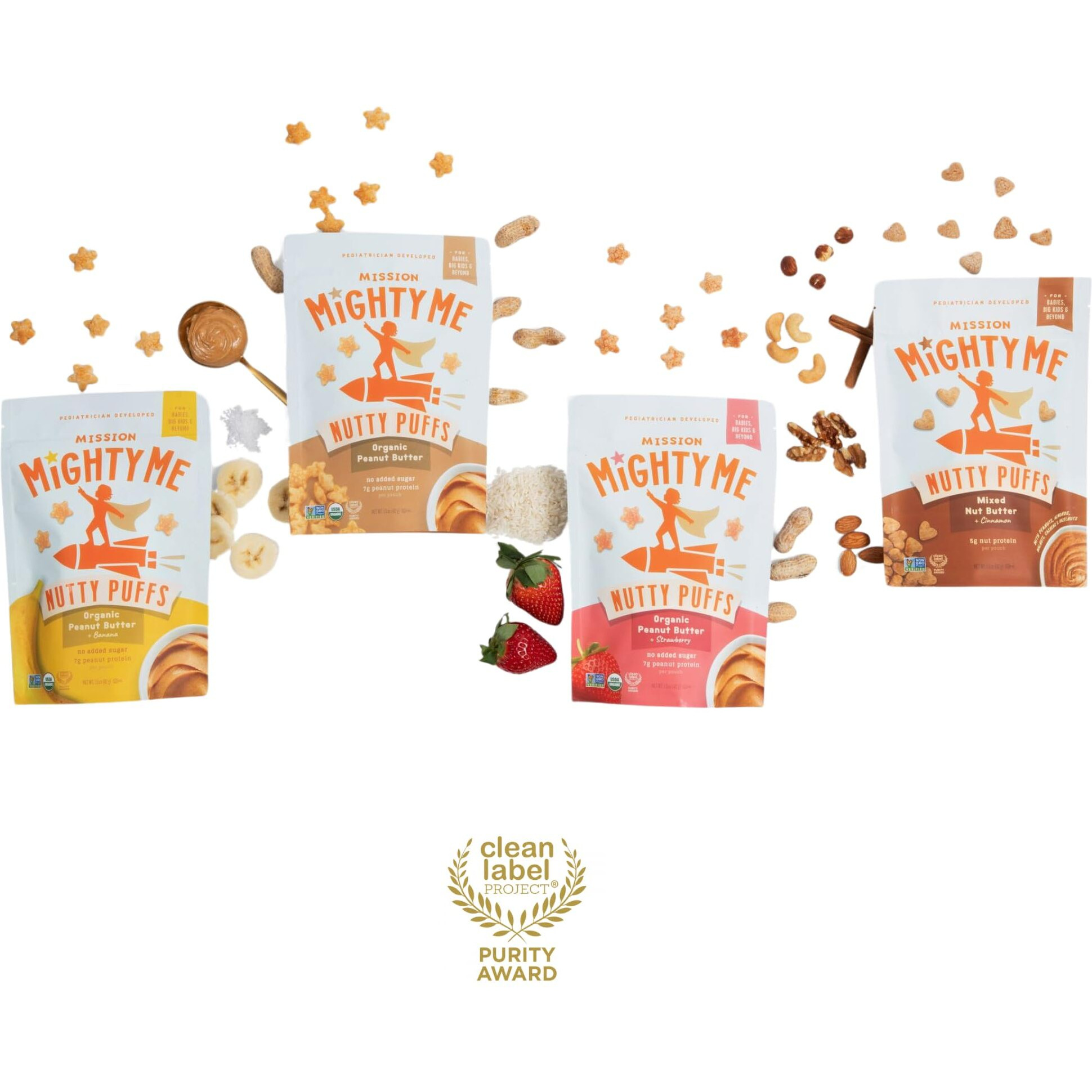 Mission Mightyme Nutty Puffs All-Flavor Variety Pack - Pediatrician Developed - Usda Organic, Plant-Based Protein, Gluten-Free - Peanut, Strawberry, Banana, Tree Nut, Cinnamon Flavors (1.5Oz, 5-Pack)