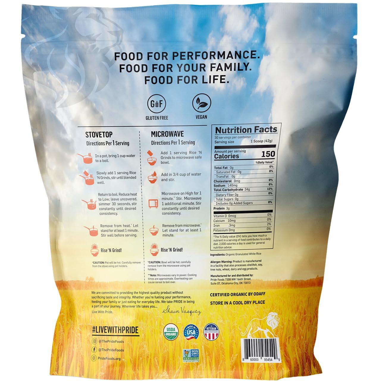 Pride Foods Rice 'N Grinds, 100% Natural Hot Rice Cereal, Unflavored, 30 Servings, 44.4Oz