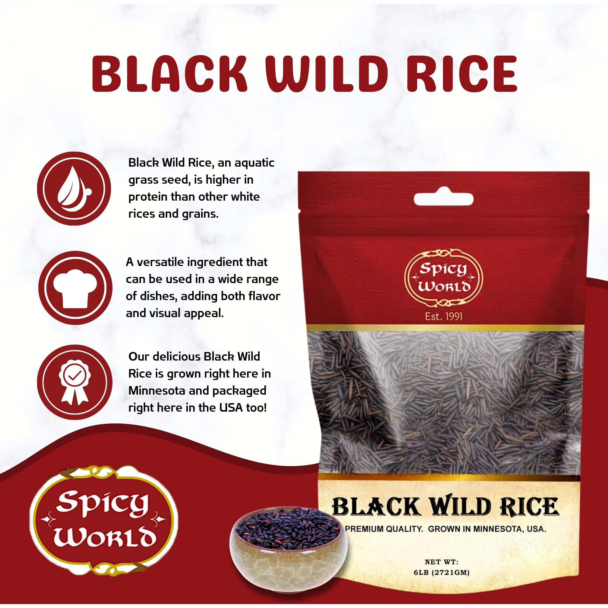 Minnesota Grown Black Wild Rice 6 Pound Bag - Premium Quality, All Natural - By Spicy World
