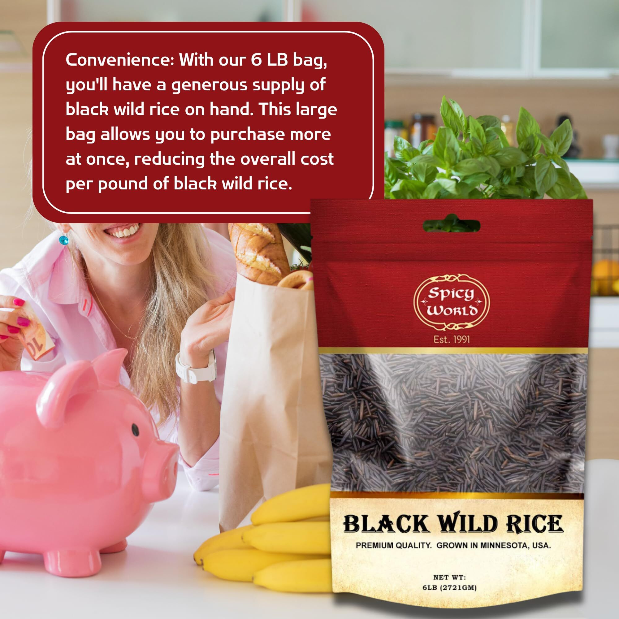 Minnesota Grown Black Wild Rice 6 Pound Bag - Premium Quality, All Natural - By Spicy World