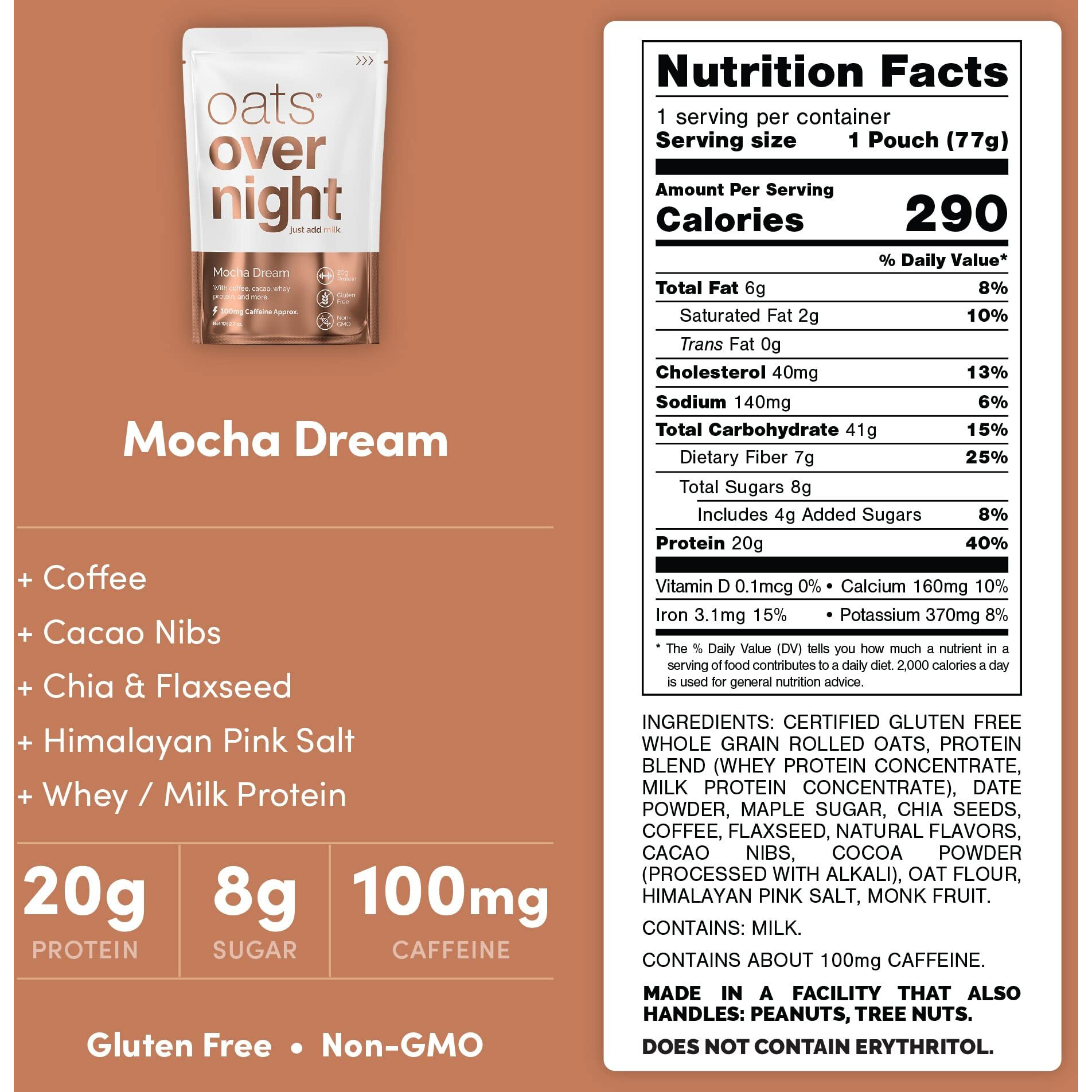 Oats Overnight - Mocha Dream - 20G Protein, High Fiber Breakfast Shake 100Mg Caffeine - Gluten Free, Non Gmo Oatmeal (2.7 Oz Per Meal) (8 Pack)