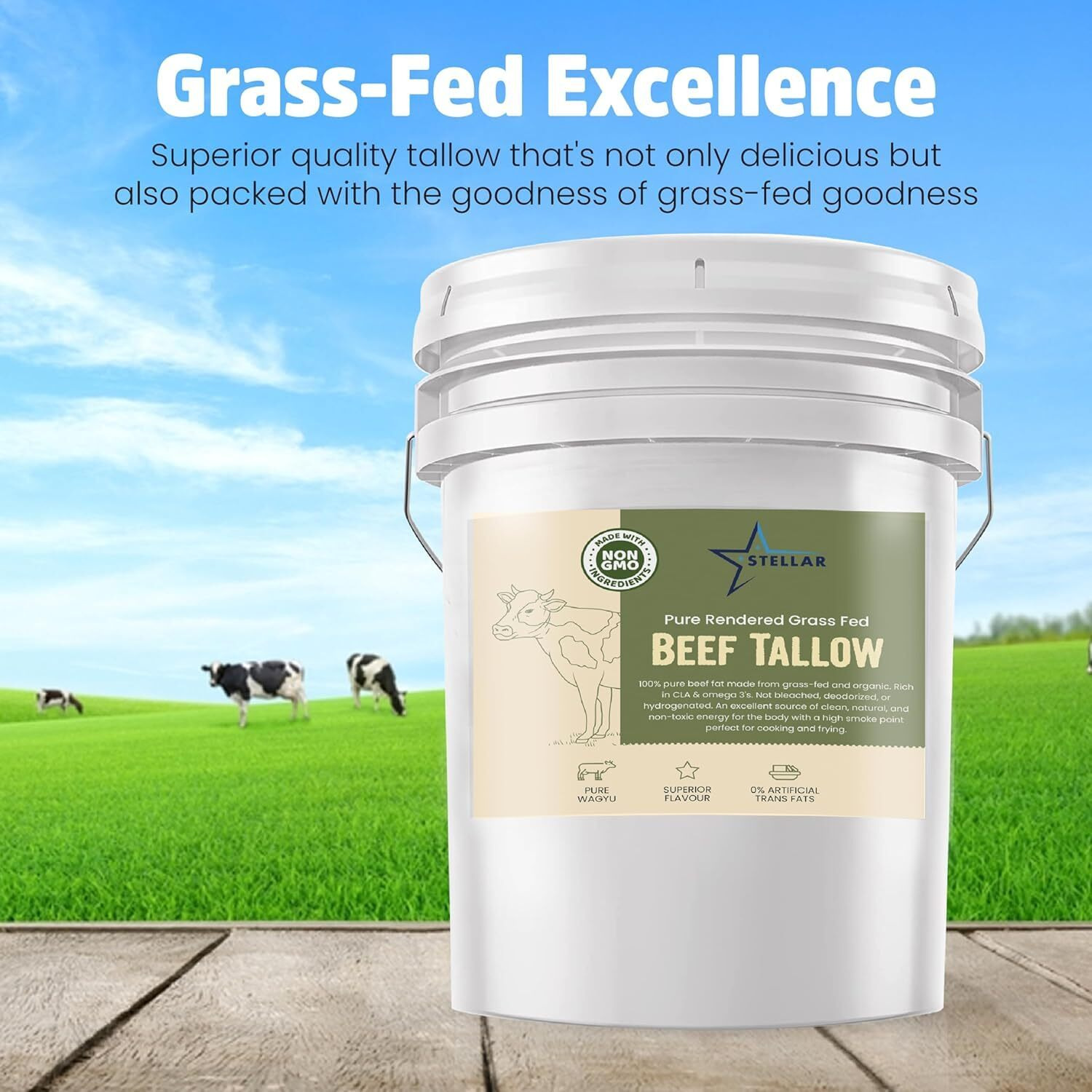Stellar - Beef Tallow - 100% Grass-Fed & Finished - Good For Cooking, Baking And Frying - Food Grade - 3 Lbs