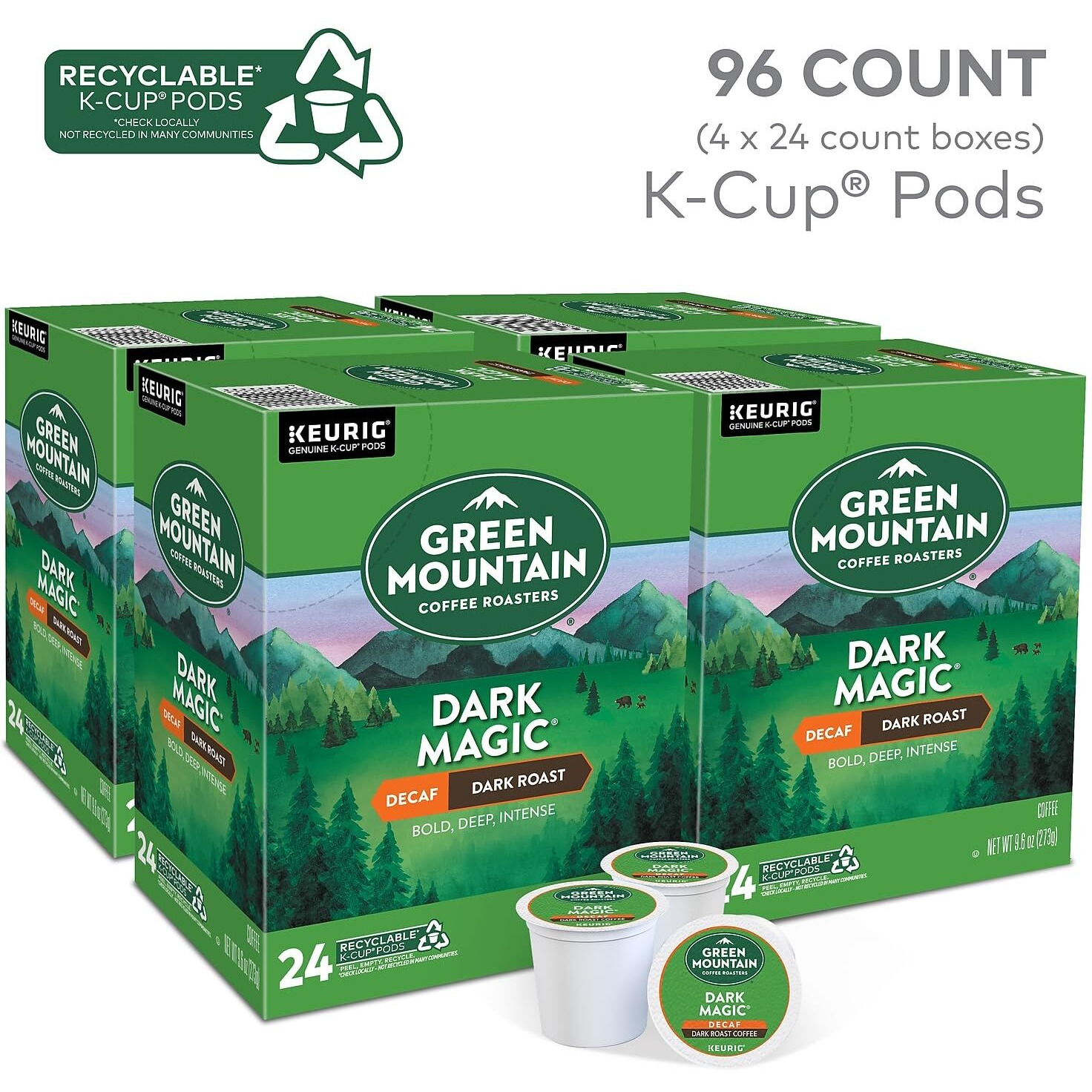 Green Mountain Coffee, Dark Magic Decaf, Single-Serve Keurig K-Cup Pods, Dark Roast, 96 Count (4 Boxes Of 24 Pods)