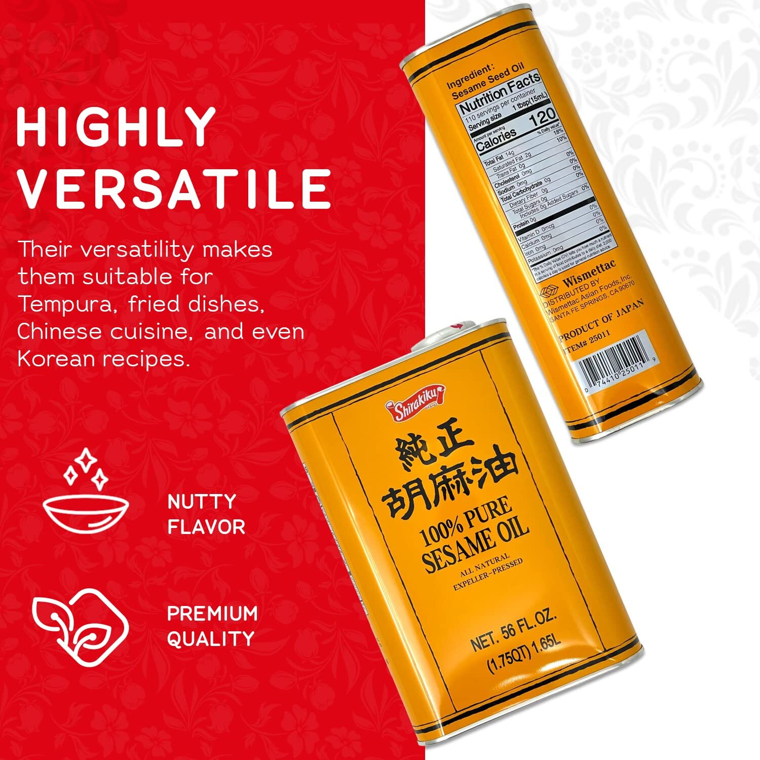 Shirakiku Pure Japanese Sesame Seed Oil - Premium, Low Carb, Expeller Pressed And Rich Flavor Natural Sesame Seed Oil - Perfect For Authentic Oriental Asian Cuisine (Toasted) - 56 Fl Oz