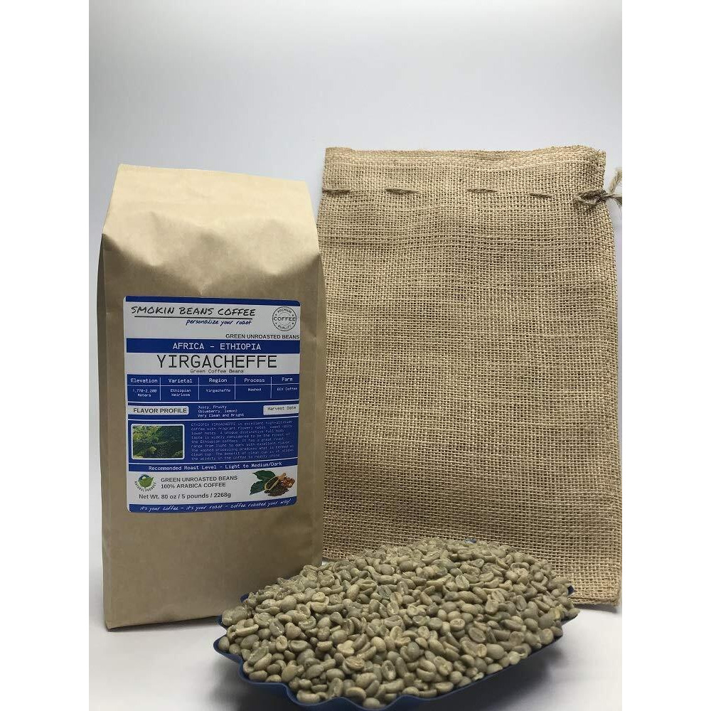 5 Pounds - African - Ethiopia Yirgacheffe - Unroasted Arabica Green Coffee Beans - Varietal Ethiopian Heirloom - Drying/Milling Process Washed Sundried - Unique Distinctive Taste - Includes Burlap Bag