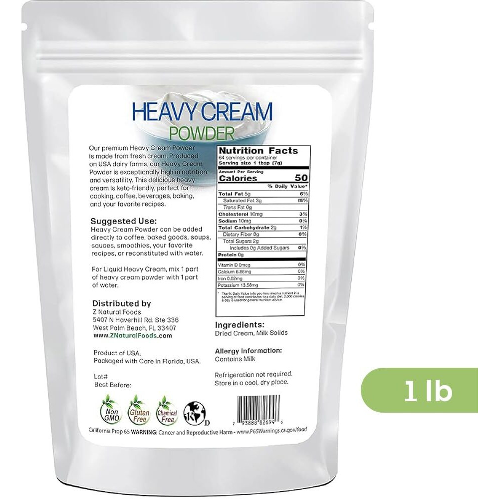 Z Natural Foods Heavy Cream Powder, Nutrient-Rich, Delicious Dry Cream With A Durable Shelf Life, Perfect For Coffee, Cake, Dessert, And Recipes, Keto-Friendly, Non-Gmo, Gluten-Free, Kosher, 1 Lb