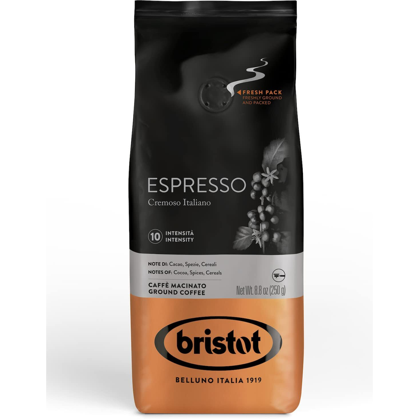 Bristot Espresso Cremoso Italiano Ground Coffee | Italian Espresso | Medium Roast | For Home Espresso Machines | 8.8Oz/250G