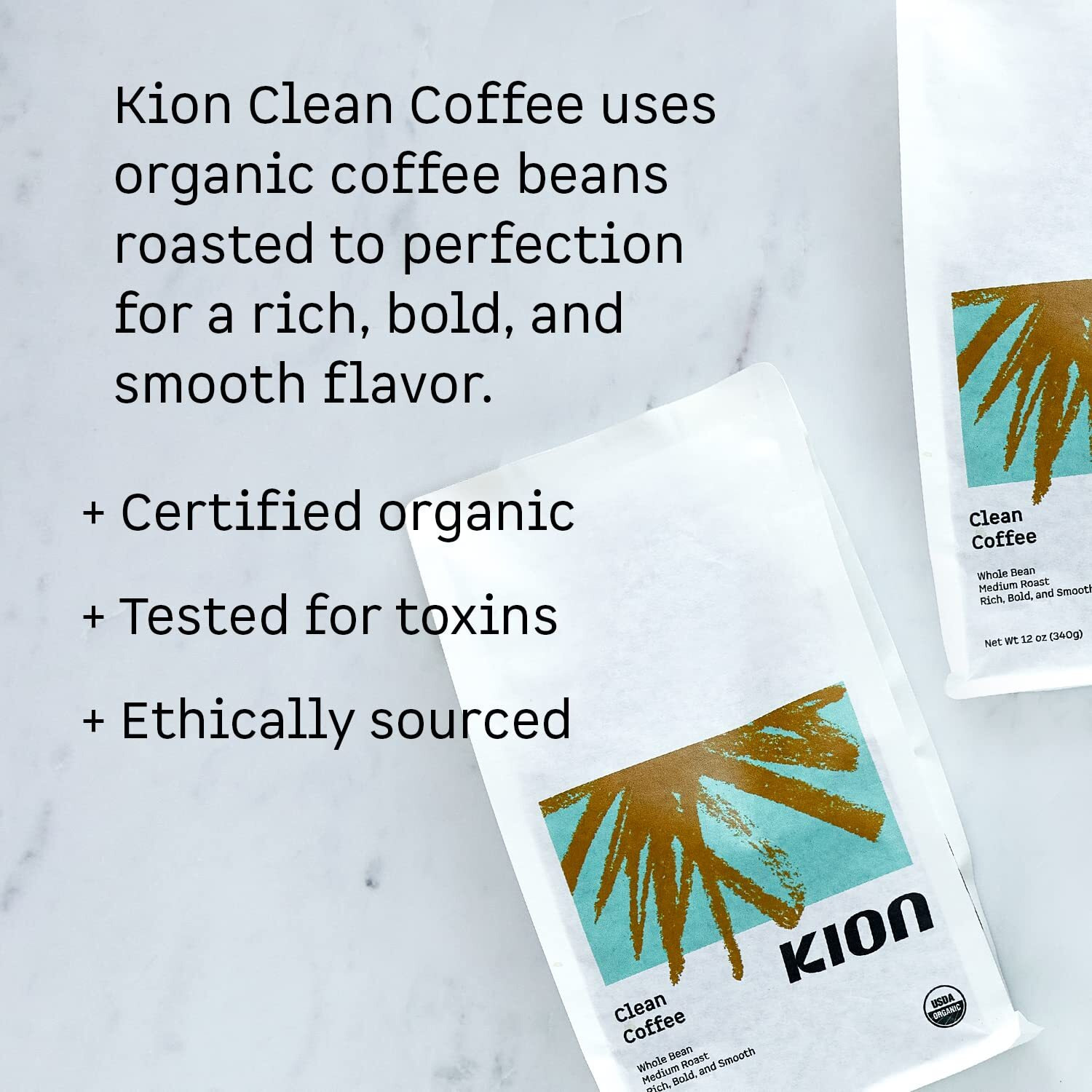 Kion Organic Whole Bean Coffee, Tested For Toxins, Ethically Sourced, Rich, Bold, And Smooth, Medium Roast 12 Oz (3 Pack)
