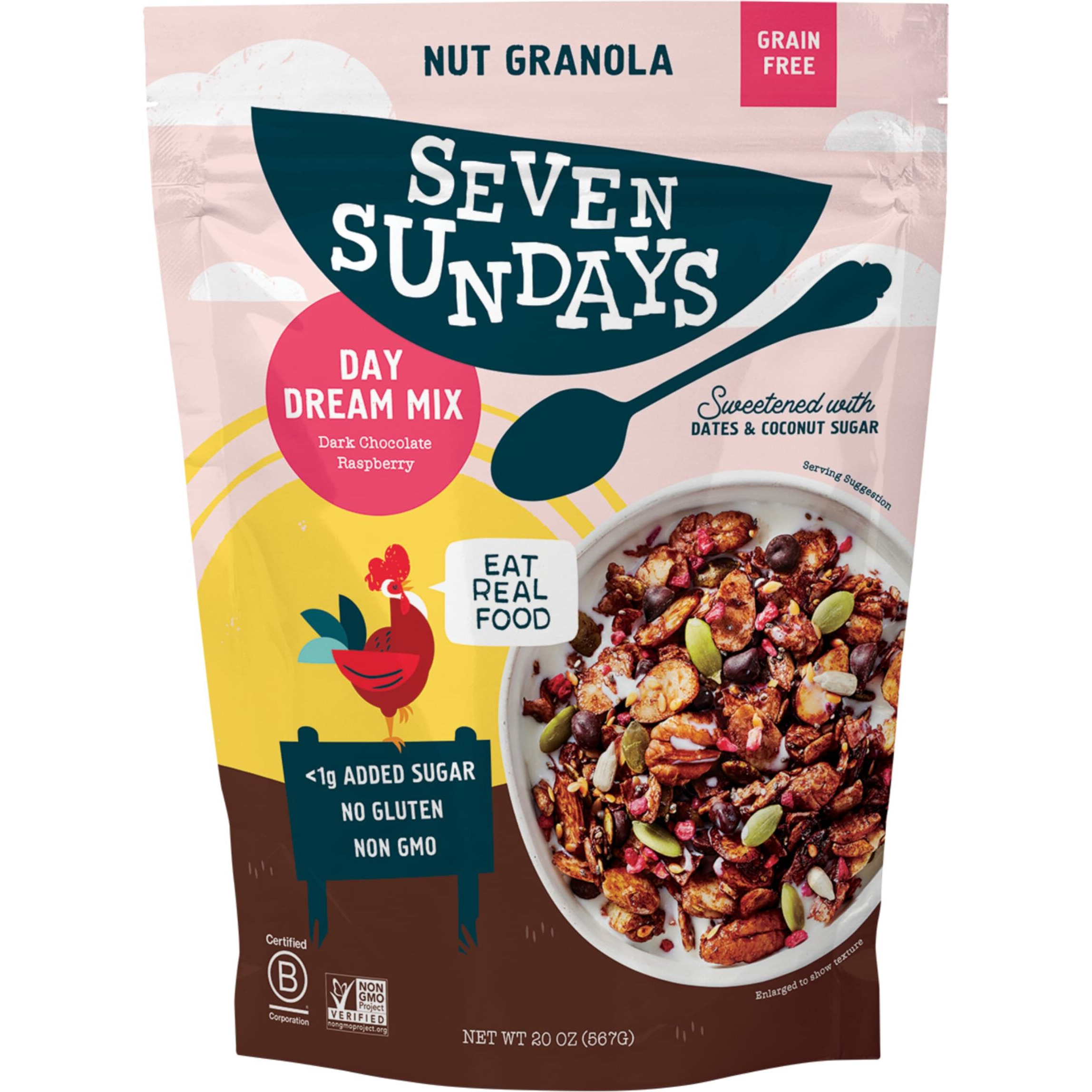 Seven Sundays Nut Granola Cereal, Day Dream Dark Chocolate Raspberry, 20 Oz Bag, Grain & Gluten Free, 4G Protein, 5G Net Carbs, Keto Friendly