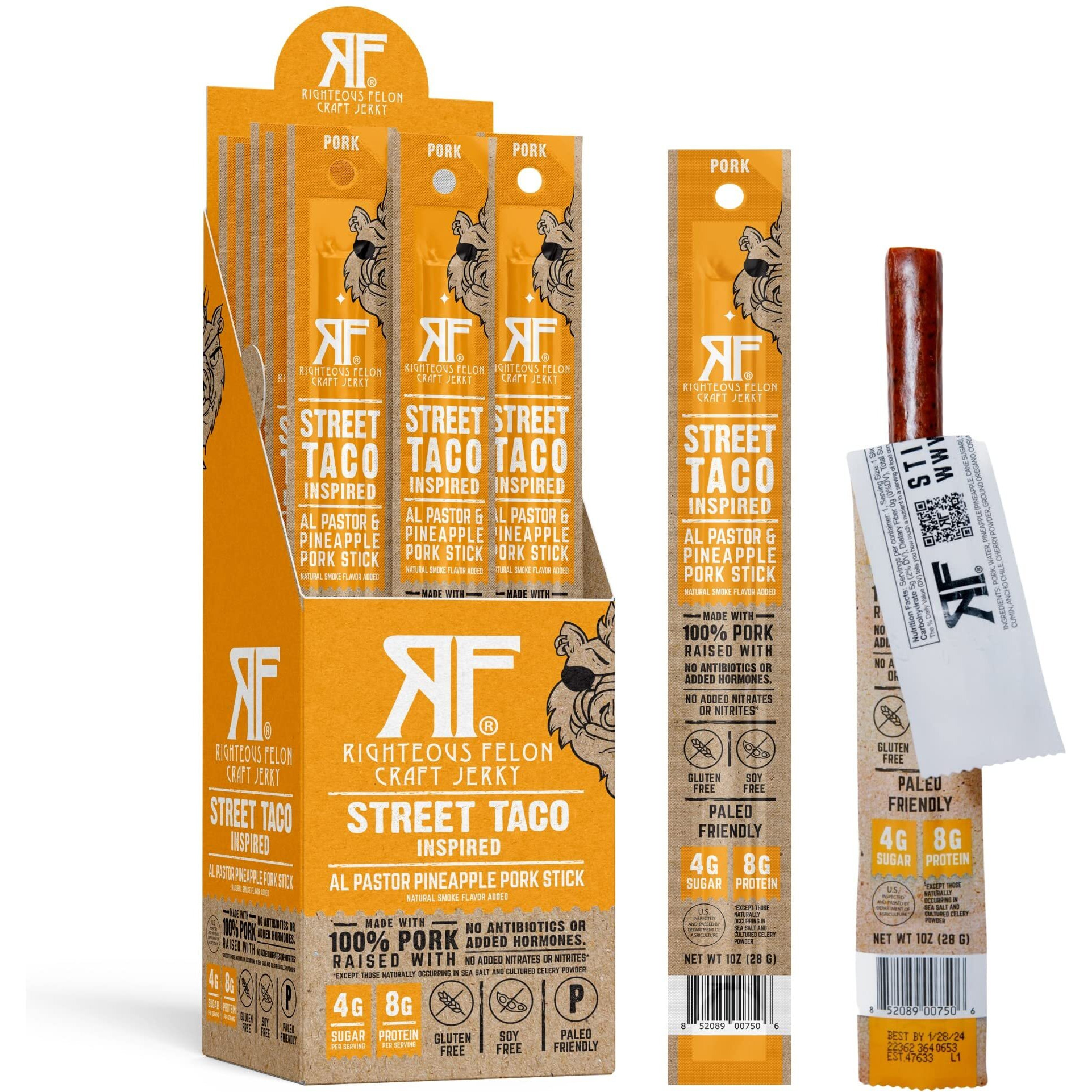 Righteous Felon Meat Sticks | 100% Pork Sticks | Gluten Free & Keto Meat Sticks | Low Sugar & High Protein Meat Sticks | Healthy Snack For Adults | Jerky Gifts For Men | Street Taco, 24 Pack
