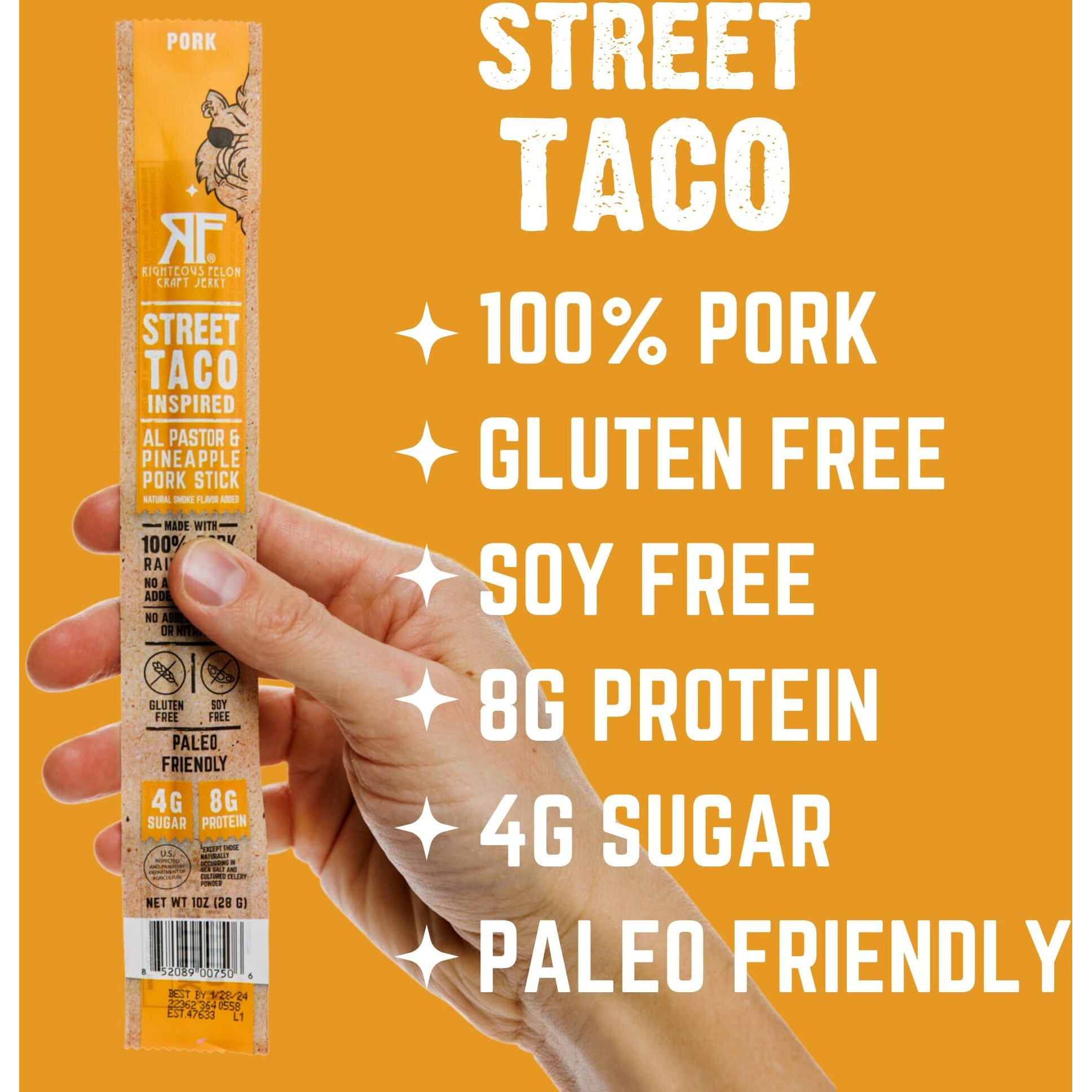 Righteous Felon Meat Sticks | 100% Pork Sticks | Gluten Free & Keto Meat Sticks | Low Sugar & High Protein Meat Sticks | Healthy Snack For Adults | Jerky Gifts For Men | Street Taco, 24 Pack