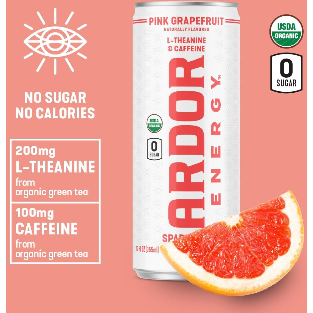 Ardor Energy Sparkling Water Pink Grapefruit 12 Pack With 100Mg Organic Caffeine From Green Tea & 200Mg Organic L-Theanine (Focus & Calm). No Sugar. No Calories. Vegan. Gluten Free.