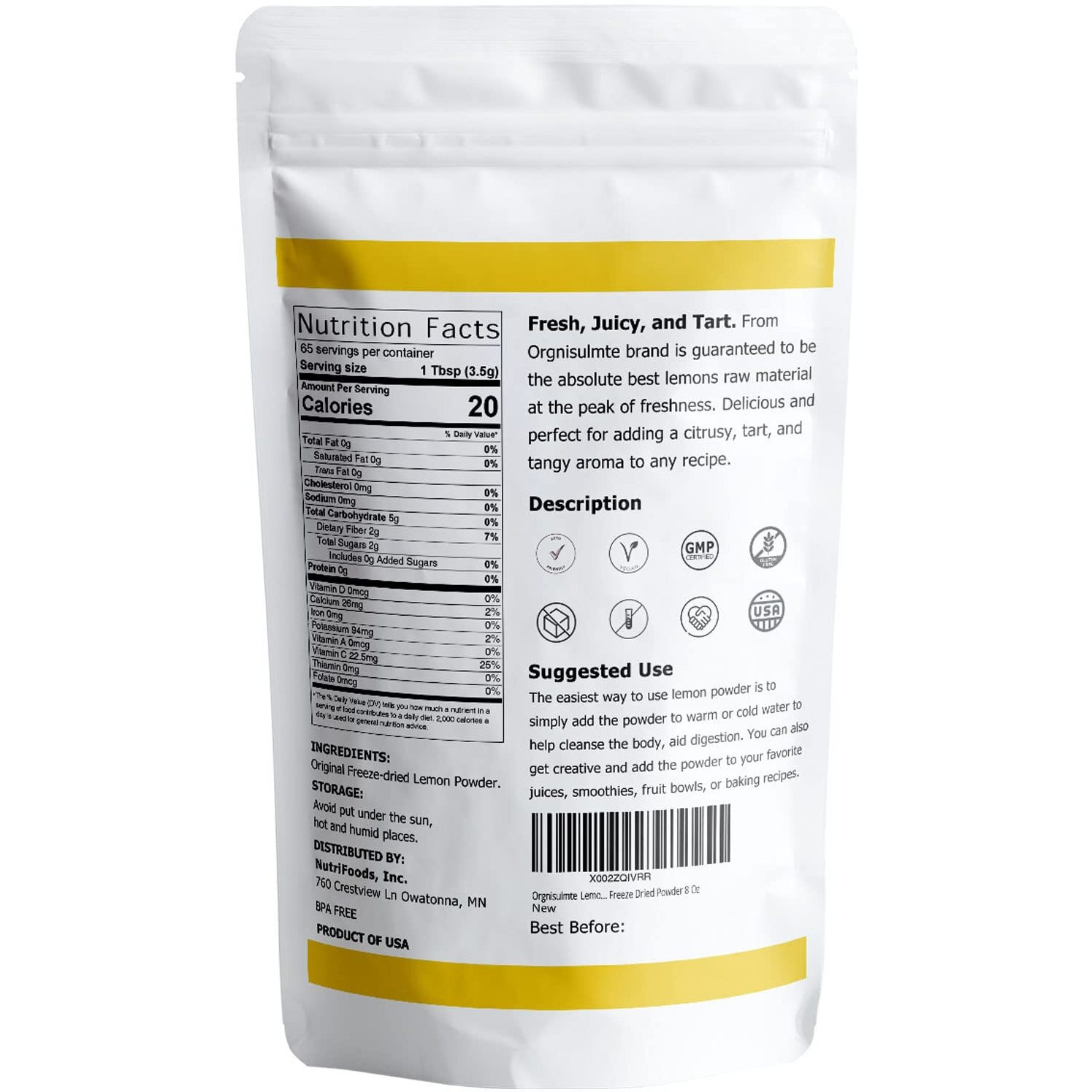 Orgnisulmte Lemon Powder,Whole Lemon Juice Freeze Dried Powder Strong Lemony Flavor 8 Oz