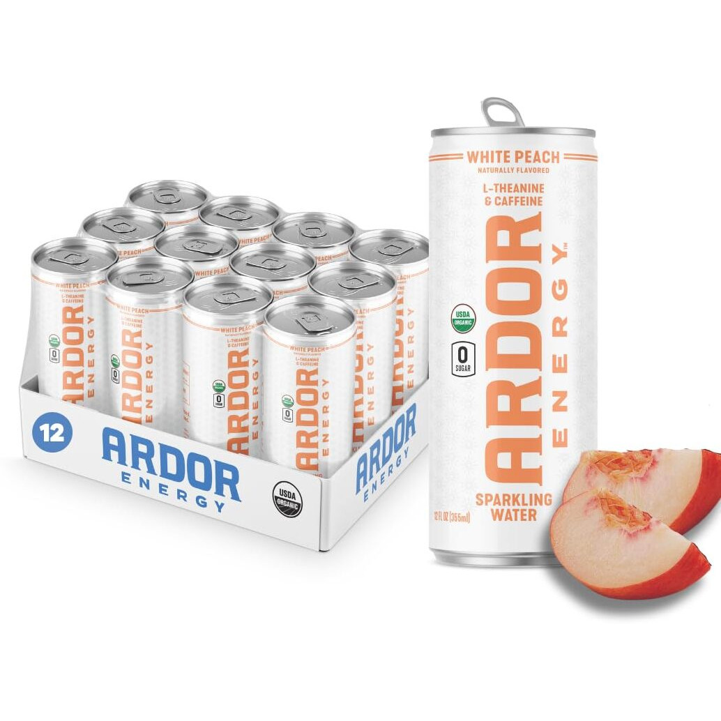 Ardor Energy Sparkling Water White Peach 12 Pack With 100Mg Organic Caffeine From Green Tea & 200Mg Organic L-Theanine (Focus & Calm). No Sugar. No Calories. Vegan. Gluten Free.