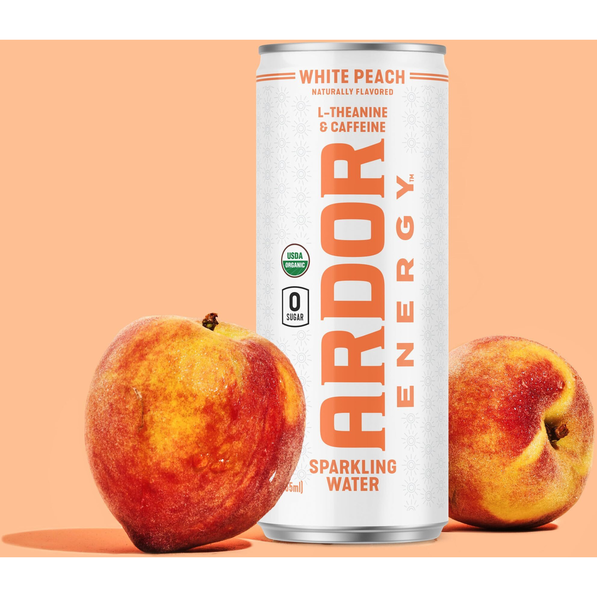 Ardor Energy Sparkling Water White Peach 12 Pack With 100Mg Organic Caffeine From Green Tea & 200Mg Organic L-Theanine (Focus & Calm). No Sugar. No Calories. Vegan. Gluten Free.