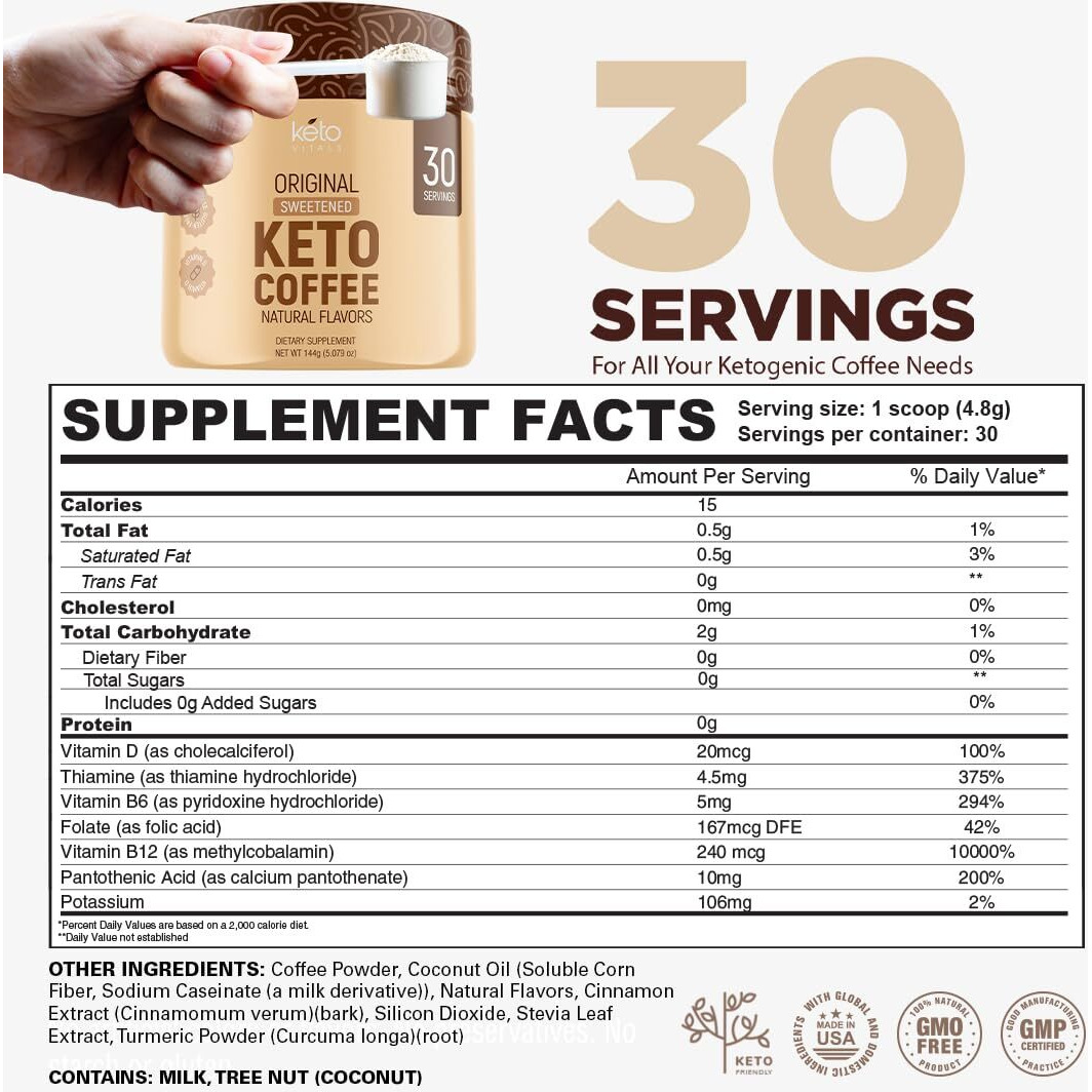 Keto Vitals Instant Keto Coffee Powder - 30 Servings - Low-Calorie Original Sweetened Coffee With Keto-Friendly Creamer