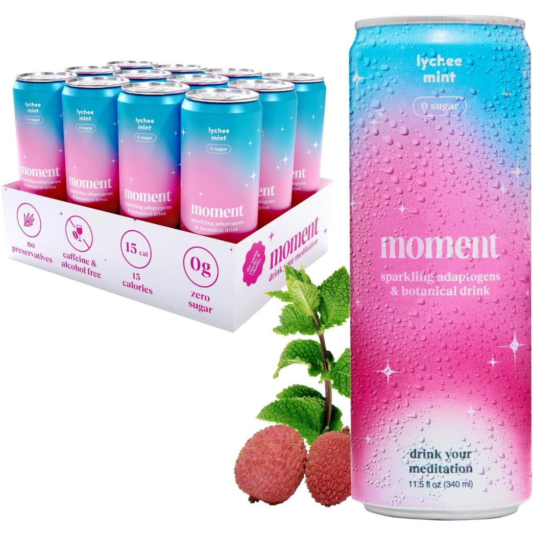 Moment Adaptogen Drink (Shark Tank) | Lychee Mint Sparkling Soda | Flavored Sparkling Water | L-Theanine, Ashwagandha For Calm | Sugar Free Drinks, 0 Caffeine, 0 Alcohol | 12-Pack