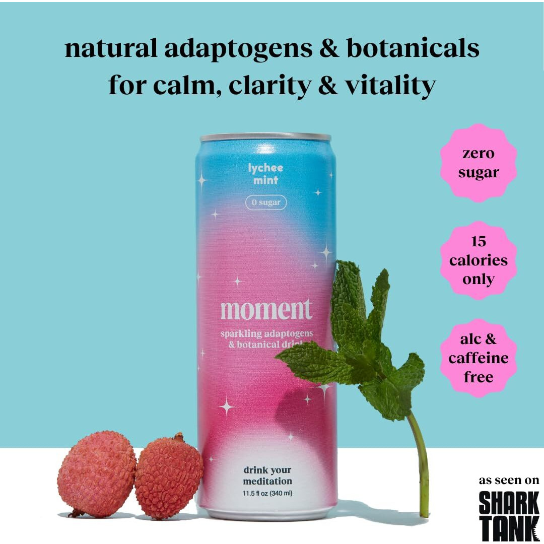 Moment Adaptogen Drink (Shark Tank) | Lychee Mint Sparkling Soda | Flavored Sparkling Water | L-Theanine, Ashwagandha For Calm | Sugar Free Drinks, 0 Caffeine, 0 Alcohol | 12-Pack