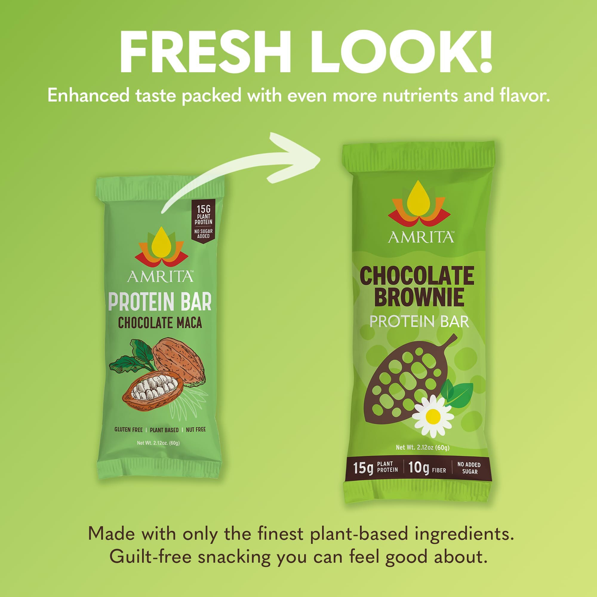 Amrita Chocolate Brownie Vegan Protein Bars - Peanut/Dairy Free, Soy & Gluten Free - 15G Plant Based Protein Bars - High Fiber Low Sugar Meal Replacement Bar - Breakfast Bars - High Protein Bars