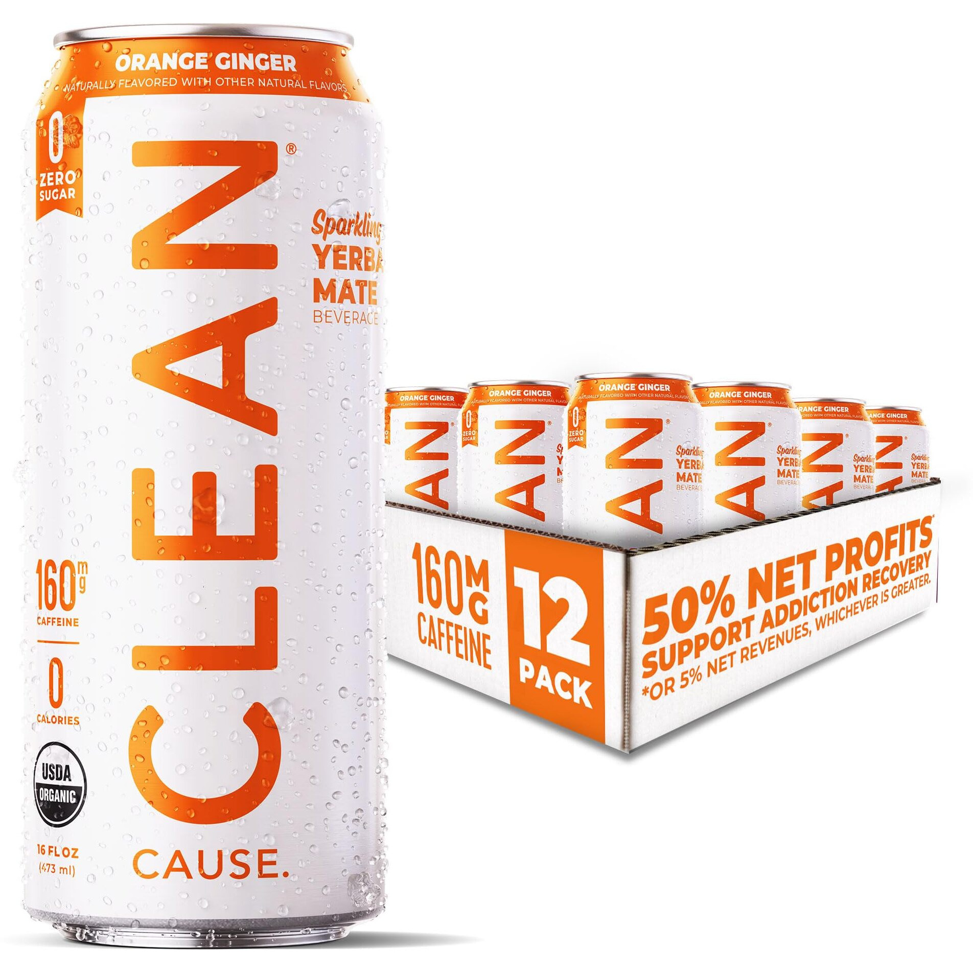 Clean Cause Zero Calorie Zero Sugar Orange Ginger Yerba Mate, Organic Energy Drink Alternative (16Oz Cans, 12-Pack Case) Zero Sugar, Keto Friendly, 160Mg Caffeine, Healthy Alternative To Soda & Energy Drinks.
