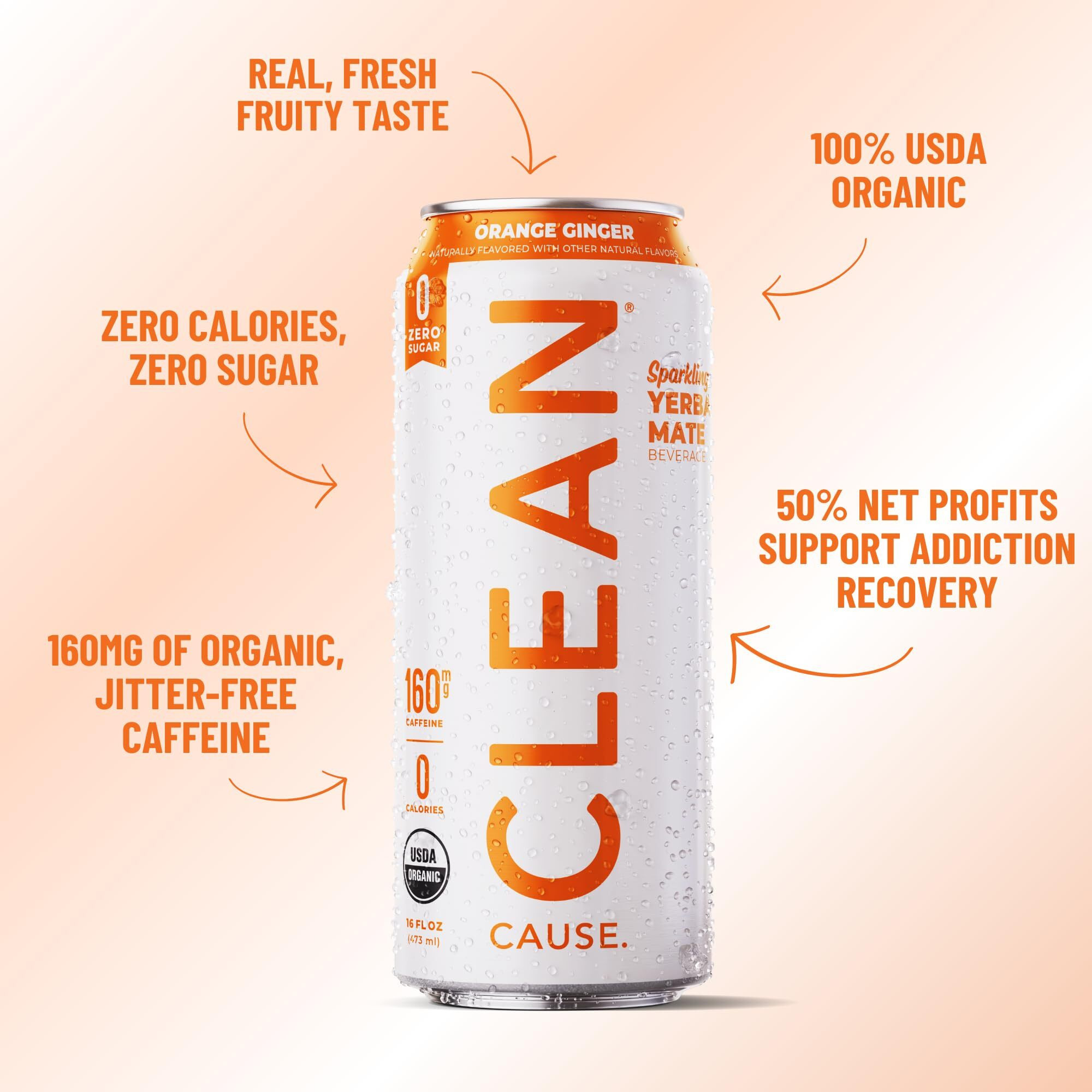 Clean Cause Zero Calorie Zero Sugar Orange Ginger Yerba Mate, Organic Energy Drink Alternative (16Oz Cans, 12-Pack Case) Zero Sugar, Keto Friendly, 160Mg Caffeine, Healthy Alternative To Soda & Energy Drinks.