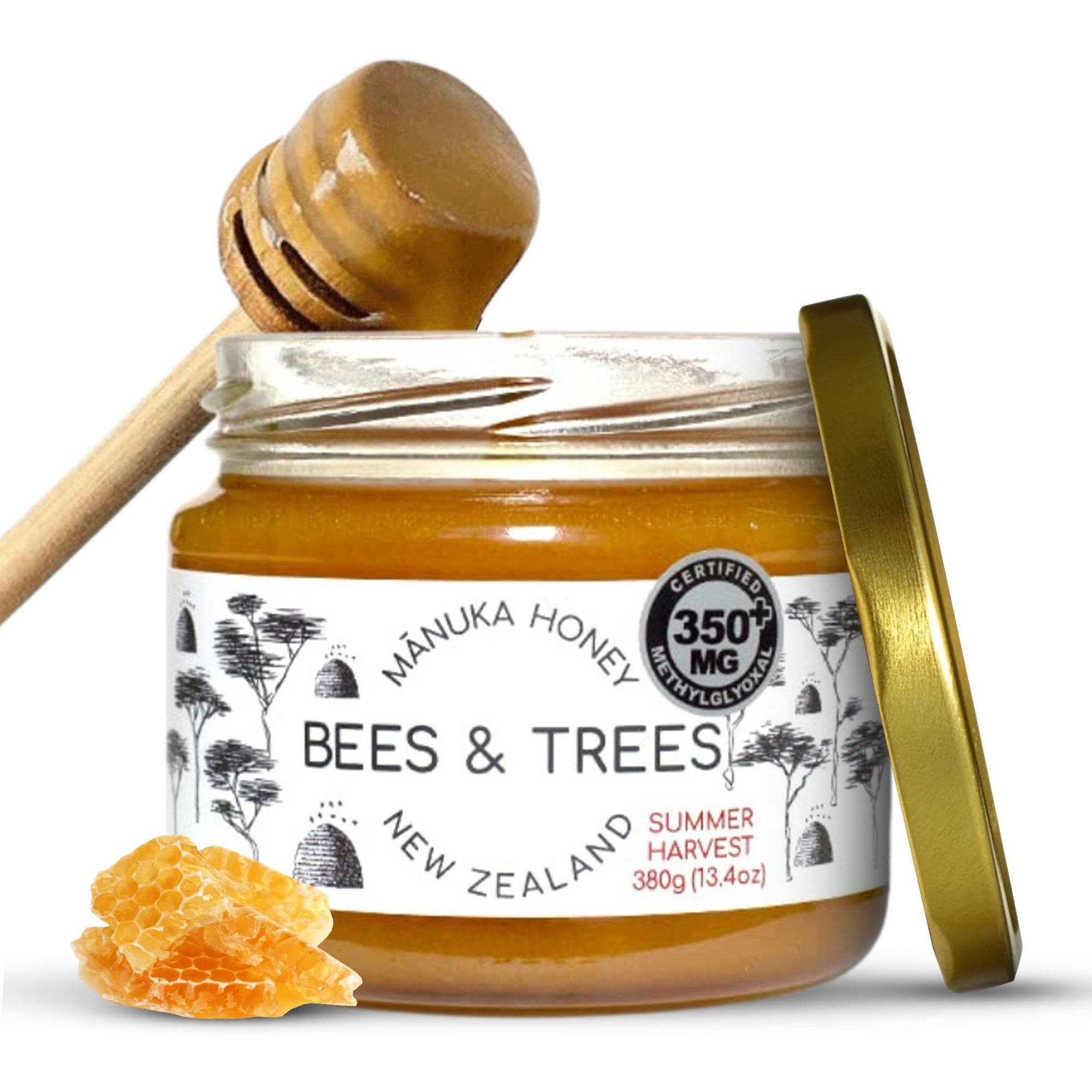 Bees & Trees Manuka Honey Medium Activity Certified 350+ Methylglyoxal - 100% Pure New Zealand Monofloral, Raw & Unpasteurized - Authentic Delicious Superfood Ideal For Dietary Health - 380G Glass Jar