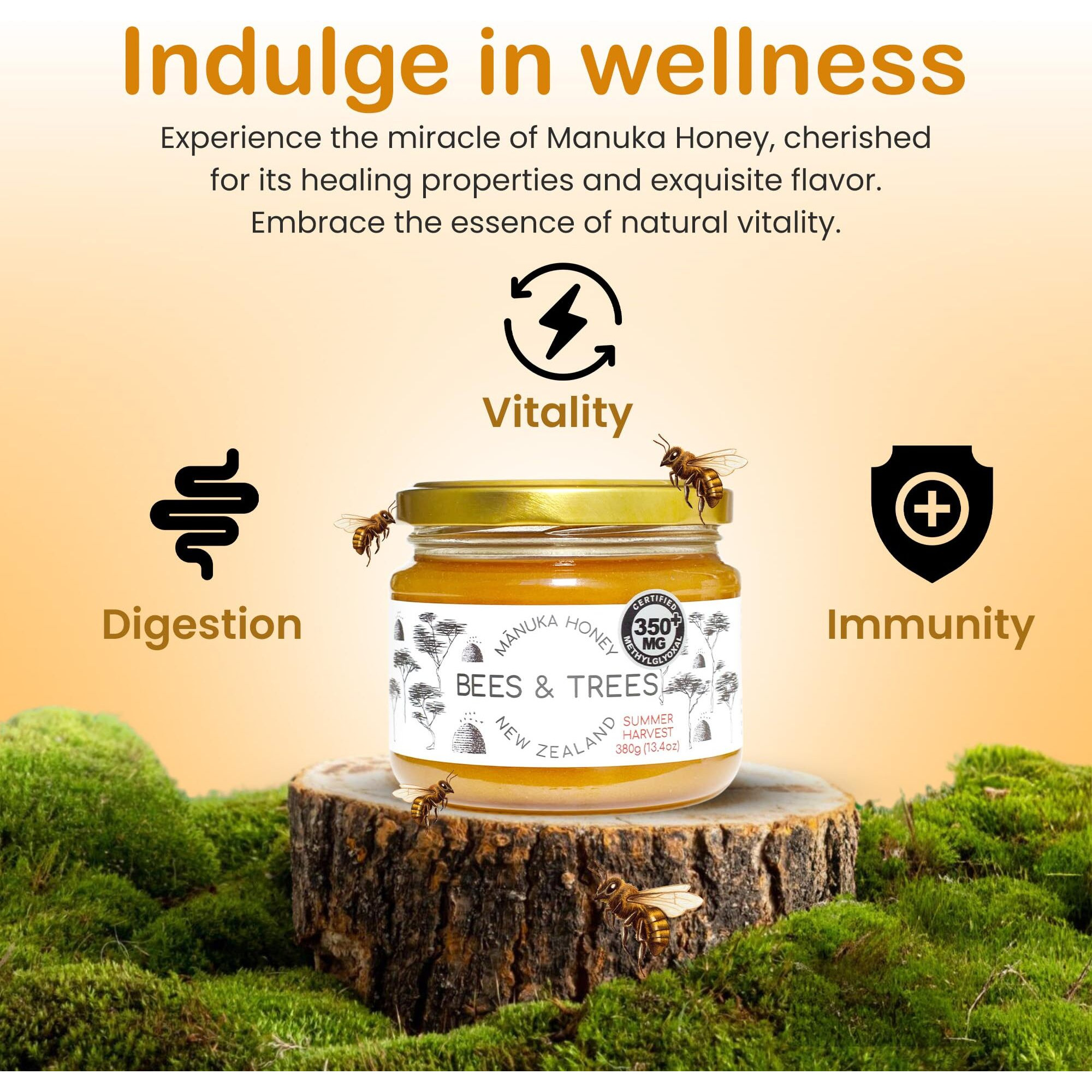 Bees & Trees Manuka Honey Medium Activity Certified 350+ Methylglyoxal - 100% Pure New Zealand Monofloral, Raw & Unpasteurized - Authentic Delicious Superfood Ideal For Dietary Health - 380G Glass Jar