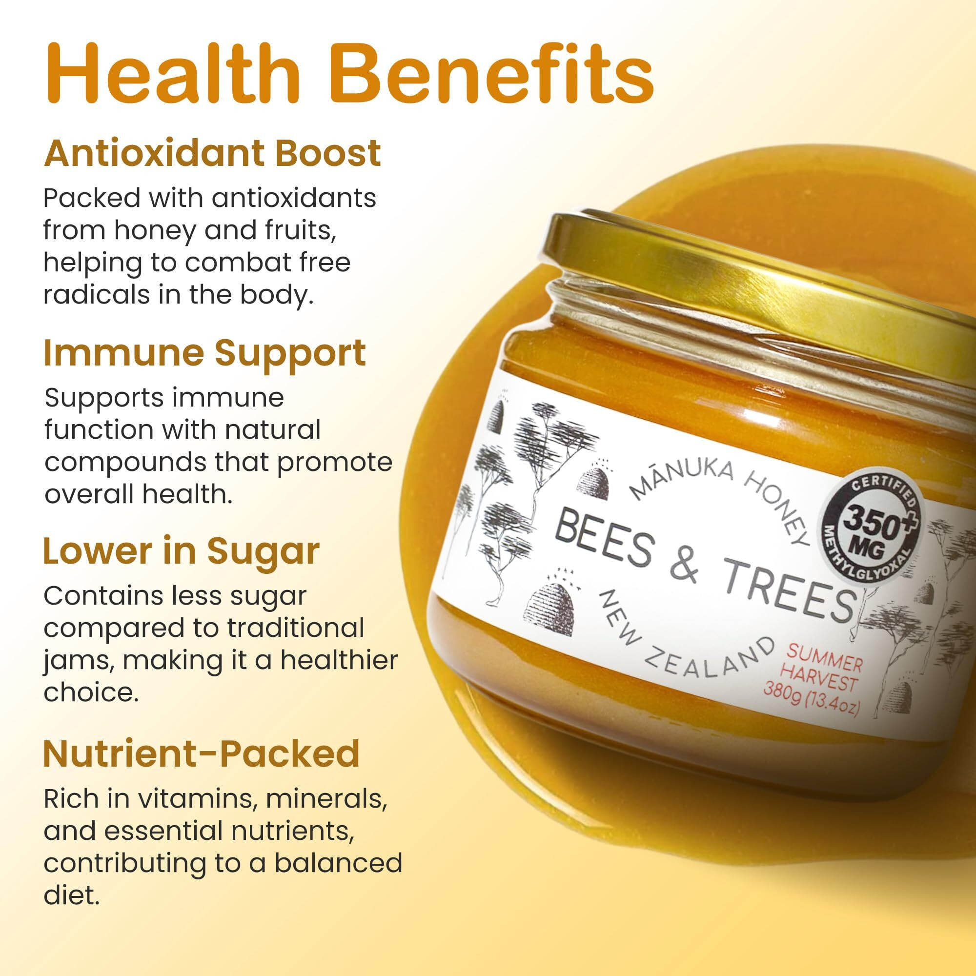 Bees & Trees Manuka Honey Medium Activity Certified 350+ Methylglyoxal - 100% Pure New Zealand Monofloral, Raw & Unpasteurized - Authentic Delicious Superfood Ideal For Dietary Health - 380G Glass Jar