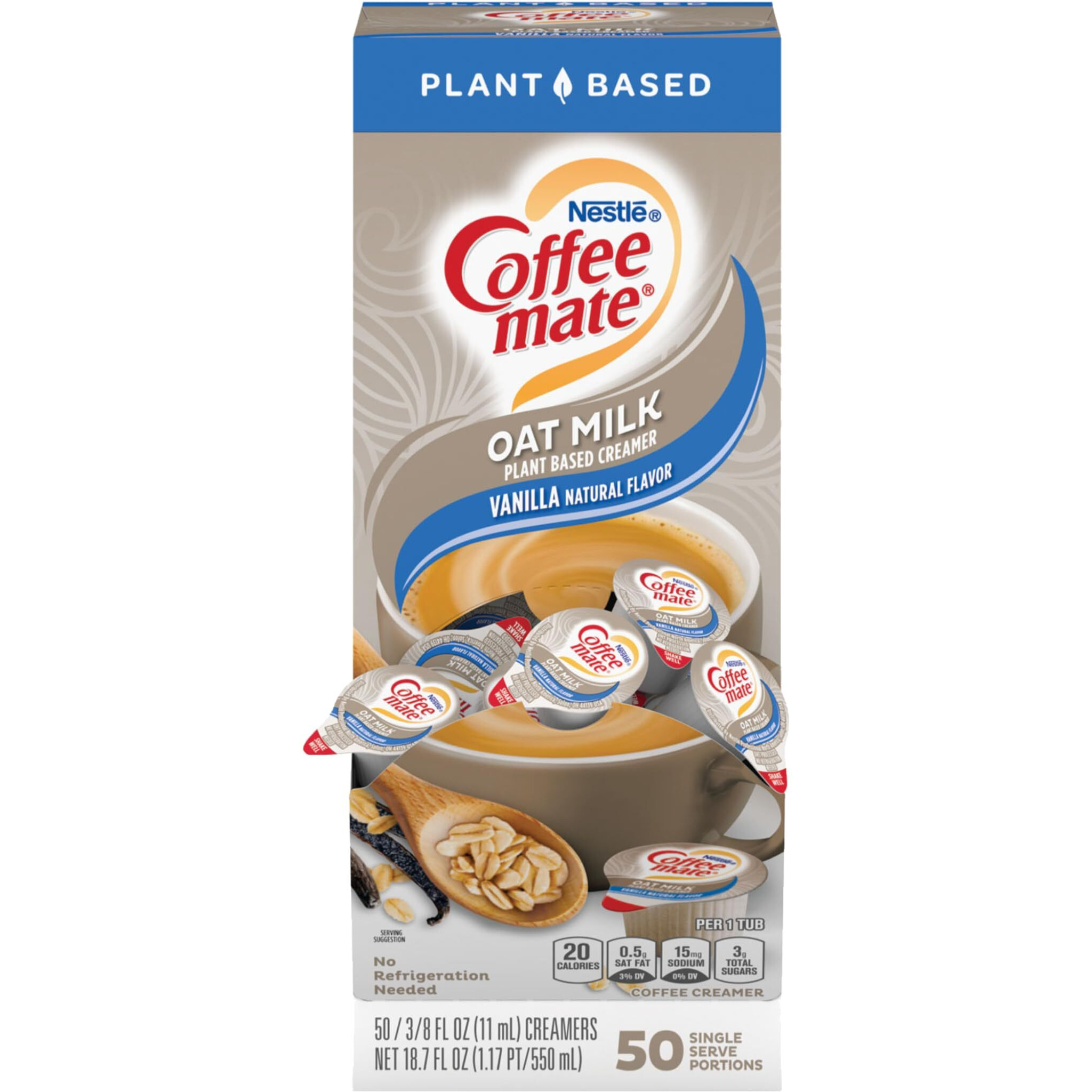 Nestle Coffee Mate Plant Based Liquid Coffee Creamer Singles, Vanilla Flavored Oat Milk, 50 Ct Box With By The Cup Coffee Scoop