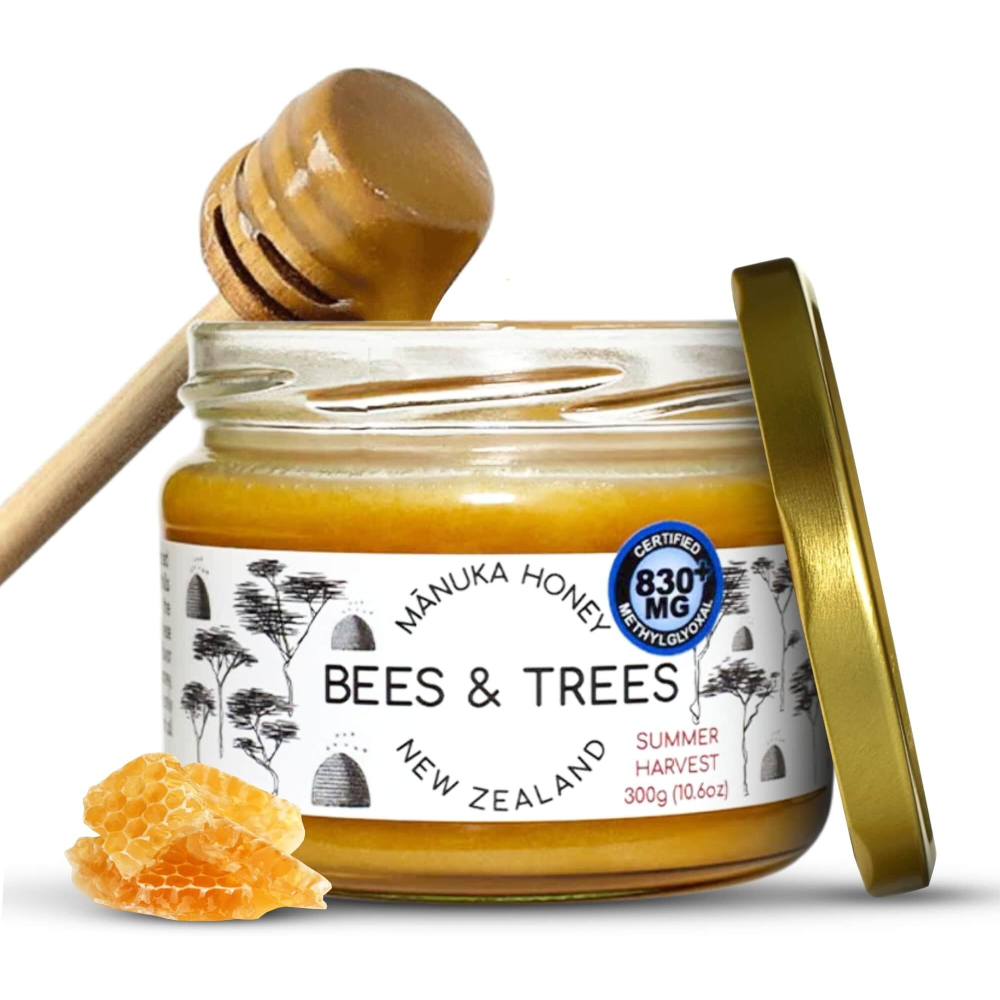 Bees & Trees Manuka Honey Founder's Reserve Certified 830+ Methylglyoxal - 100% Pure New Zealand Monofloral, Raw & Unpasteurized - Authentic Delicious Superfood For Dietary Health - 300G Glass Jar