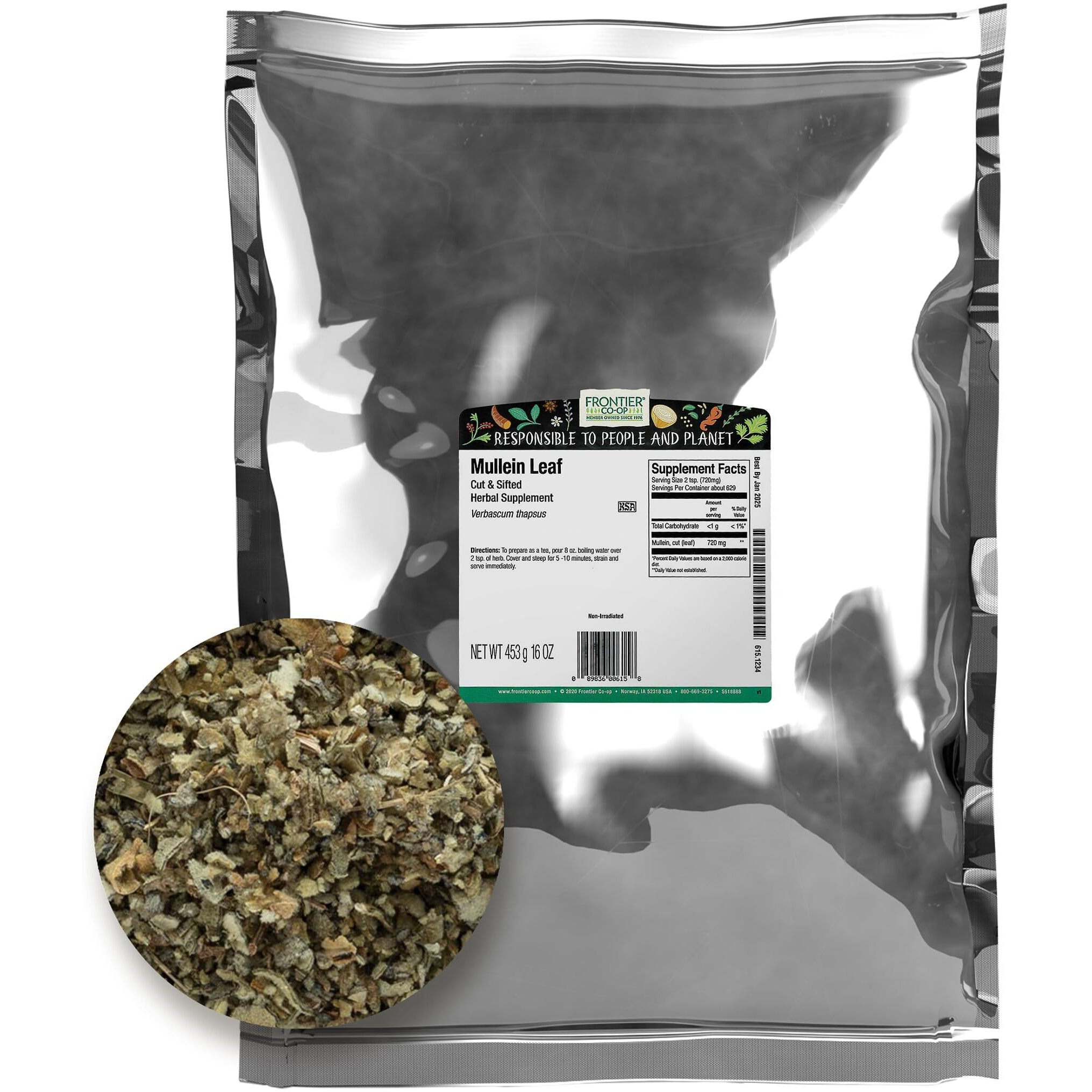 Frontier Co-Op Dried Mullein Leaf, 16 Oz Bulk Bag, Cut & Sifted, Kosher | Mullein Loose Leaf For Tea Bags, Mullein Gummies, Extract, Capsules