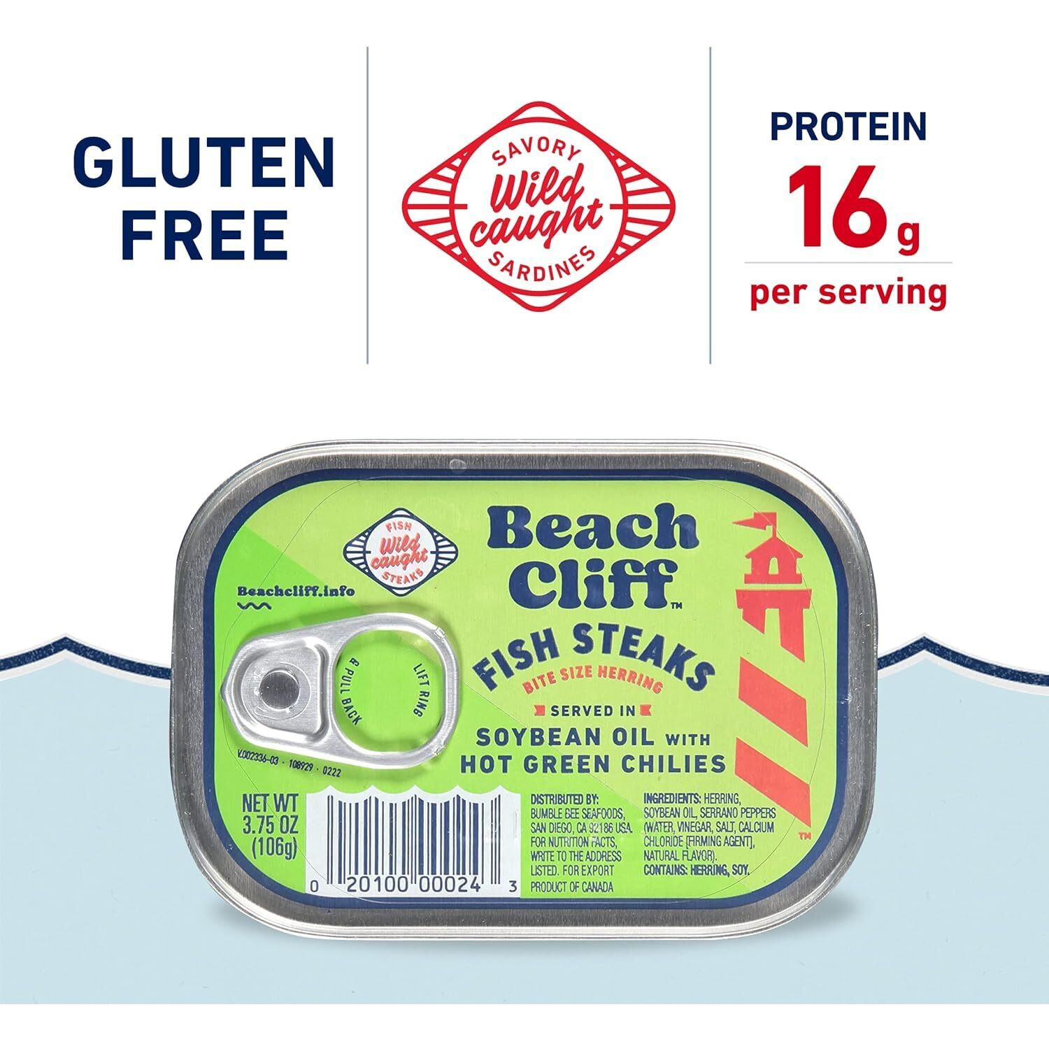 Beach Cliff Wild Caught Fish Steaks In Soybean Oil With Hot Green Chilies, 3.75 Oz Can (Pack Of 12) - 16G Protein Per Serving - Great For Pasta & Seafood Recipes
