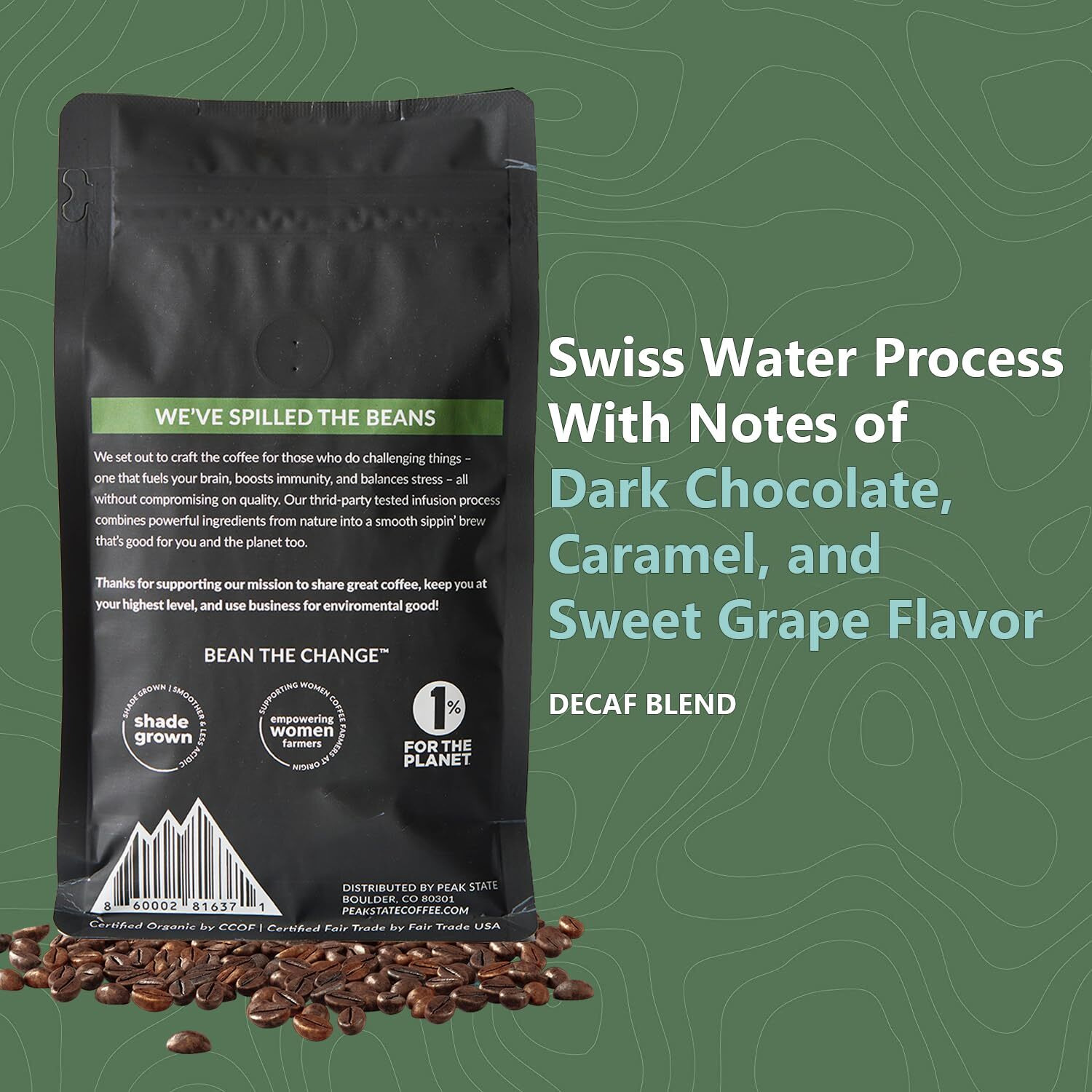 Peak State Coffee With Benefits - Organic Decaf Coffee Beans - Calm Descent Swiss Water Process Decaf With Lion's Mane & Cordyceps - Mushroom Coffee Decaf - Organic- Mold Free, Pesticide Free, Non-Gmo, Low Acid (12 Oz, Whole Bean - 1.13/Cup)