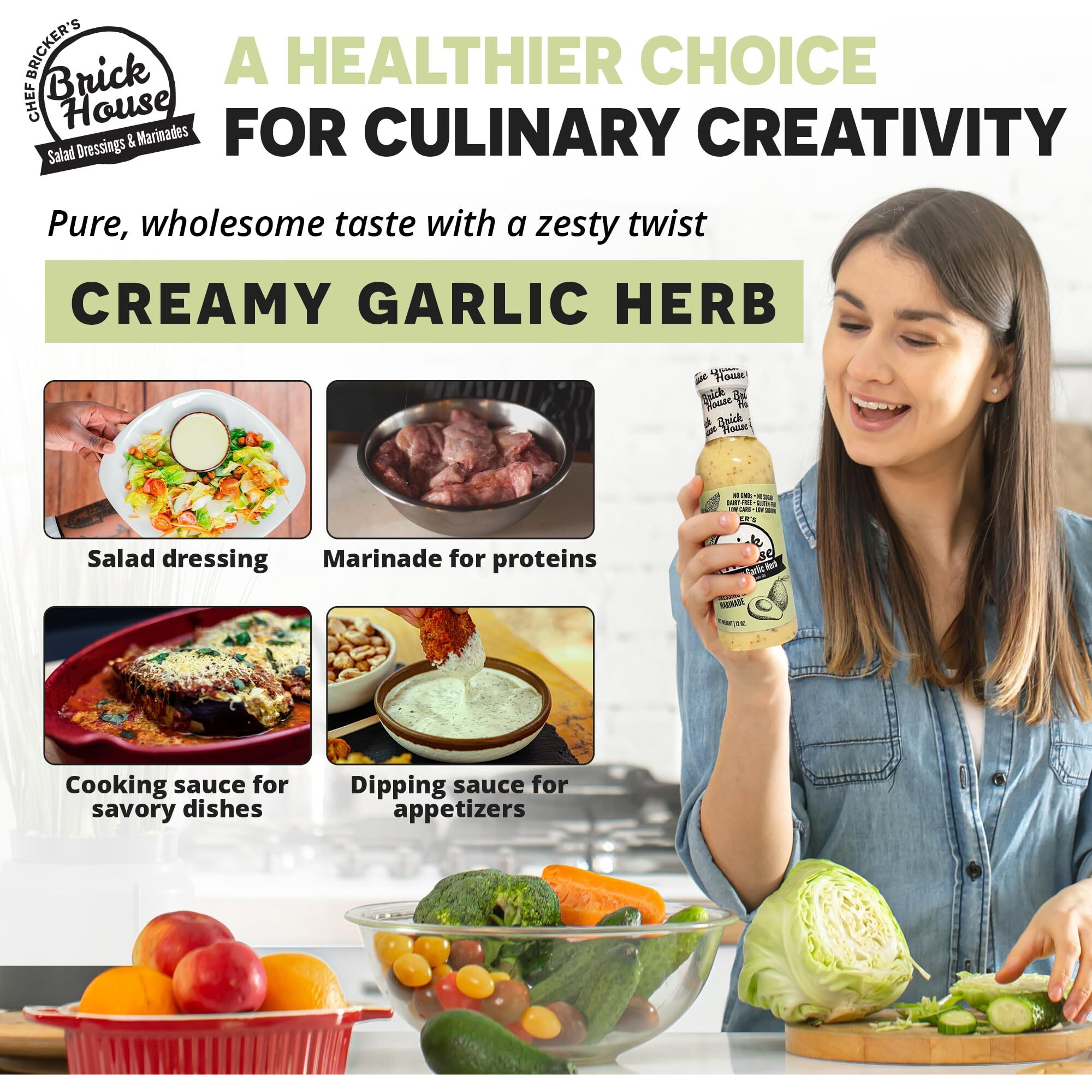 Creamy Garlic Herb Vinaigrette Dressing, Keto-Friendly Creamy Garlic Salad Dressing, Non-Gmo & Low Sodium Salad Dressing By Brick House, 12 Oz