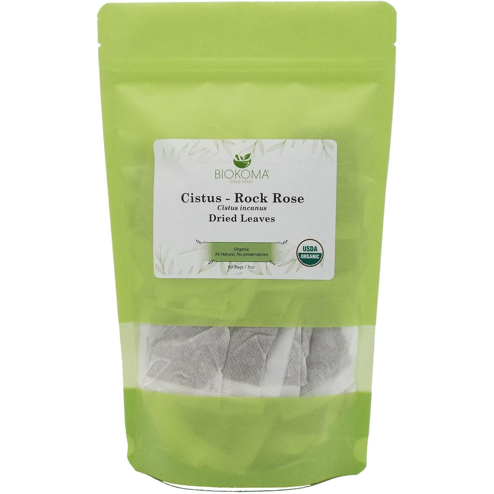 Pure And Organic Biokoma Cistus Rock Rose (Cistus Incanus) Dried Leaves 60 Tea Bags 3Oz In Resealable Moisture Proof Pouch