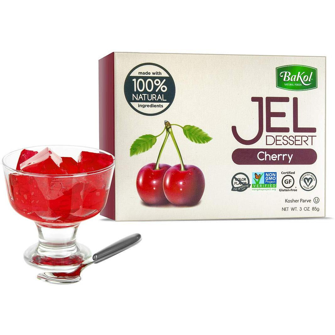 Bakol Jel Dessert - All Natural Vegan Dessert Mix - Kosher - Halal - No Artificial Sweeteners Flavors Or Colors - Cherry Flavor (Pack Of 12)