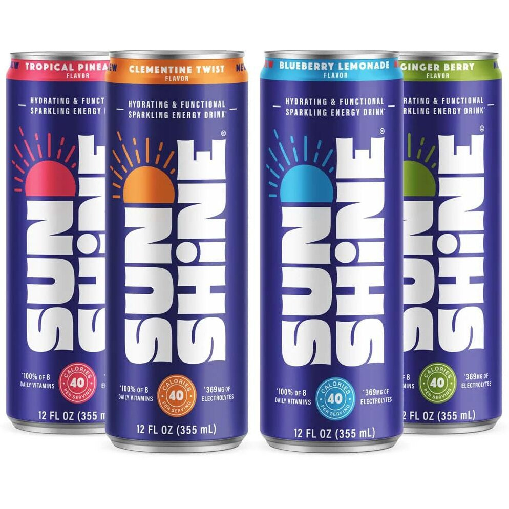 Sunshine Sparkling Energy Drink, Variety Pack With Daily Essential Vitamins, 360Mg Of Electrolytes, 70Mg Of Natural Caffeine, 12 Fl Oz (Pack Of 12)