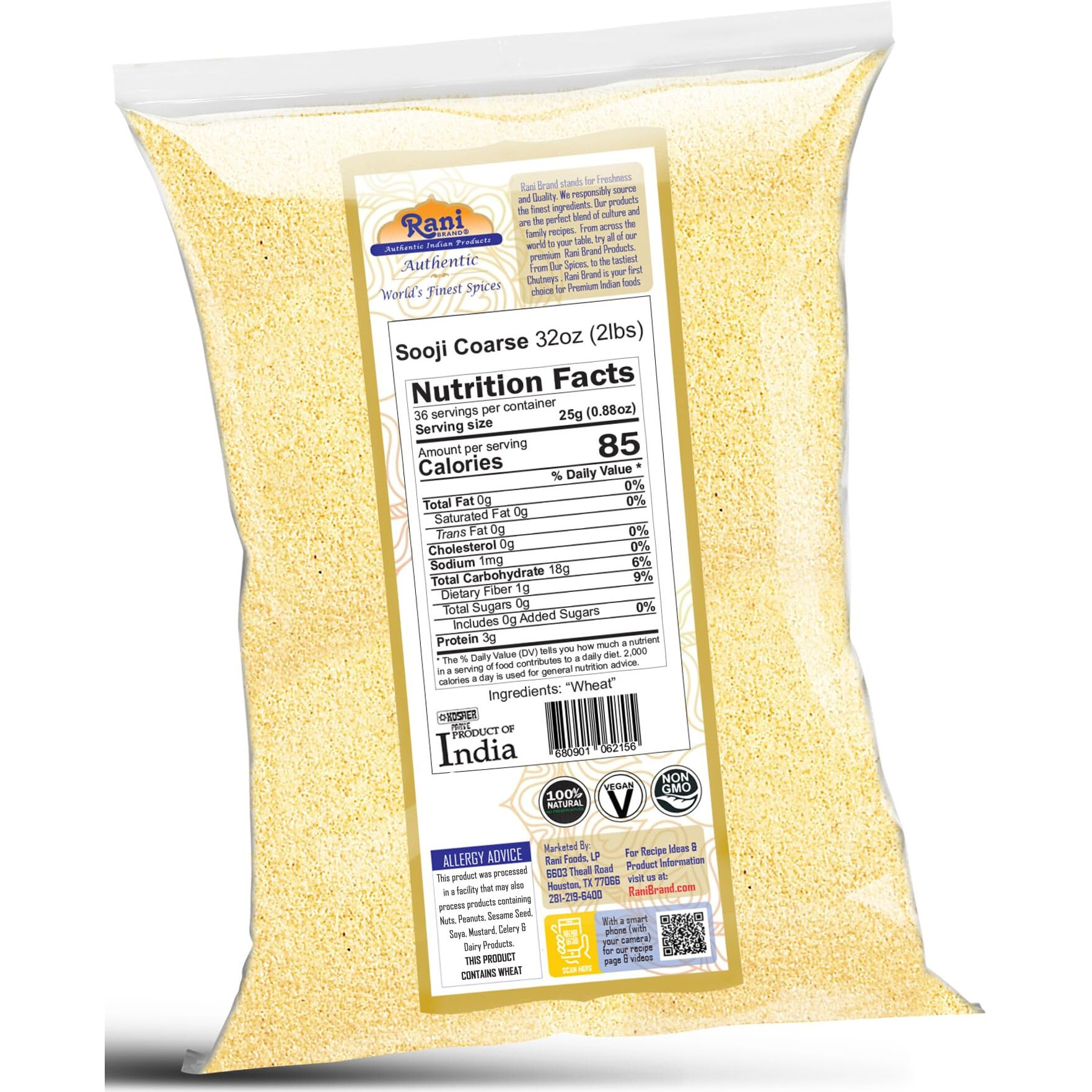 Rani Sooji Coarse (Farina, Suji, Rava, Rawa, Wheat Semolina) Flour 32Oz (2Lbs) 908G ~ All Natural | Vegan | Non-Gmo | Kosher | Indian Origin