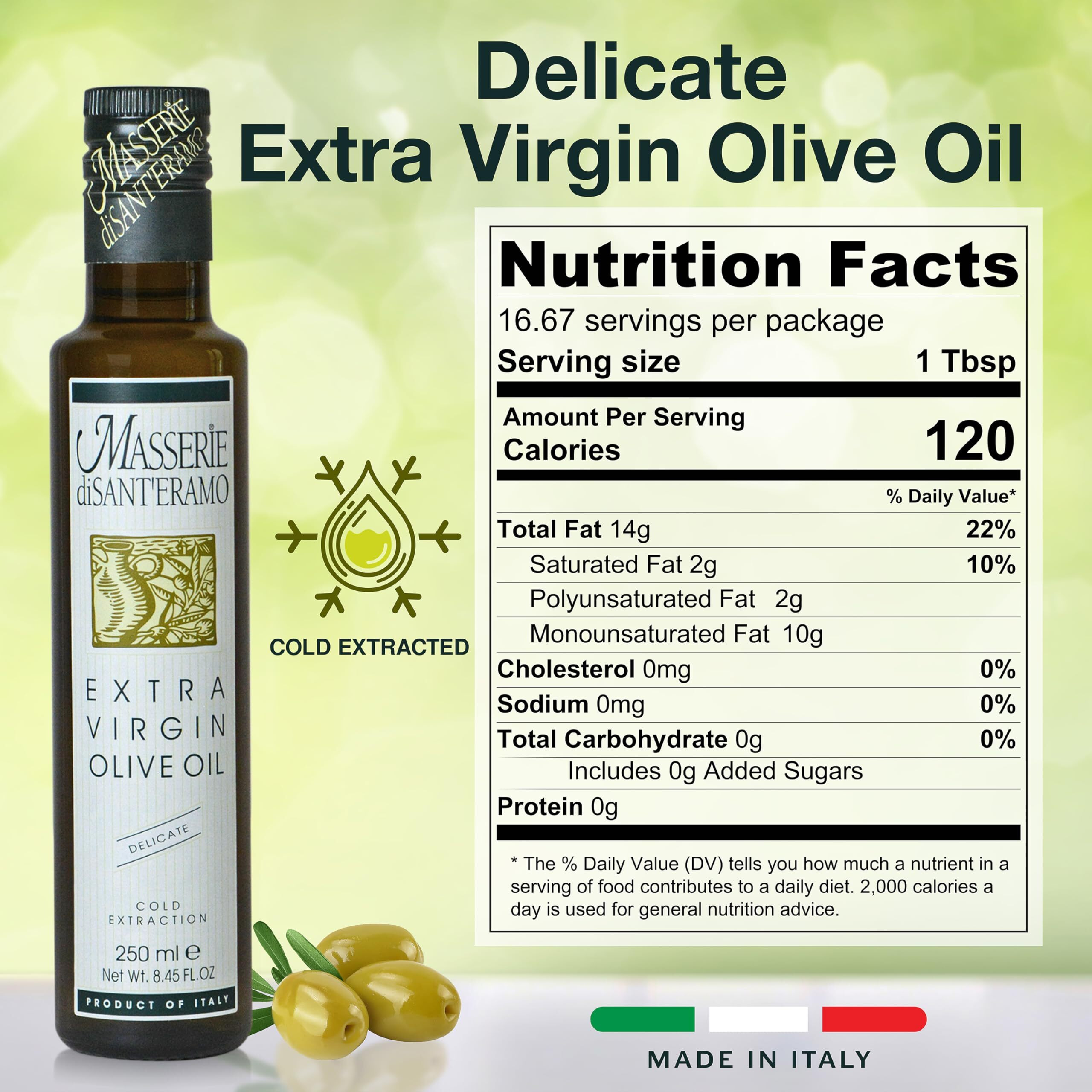 Delicate Italian Extra Virgin Olive Oil Cold Pressed - Light Olive Oil For Cooking And Frying, Imported From Italy - Masserie Di Sant'Eramo - 8.45 Fl Oz (Pack 1)
