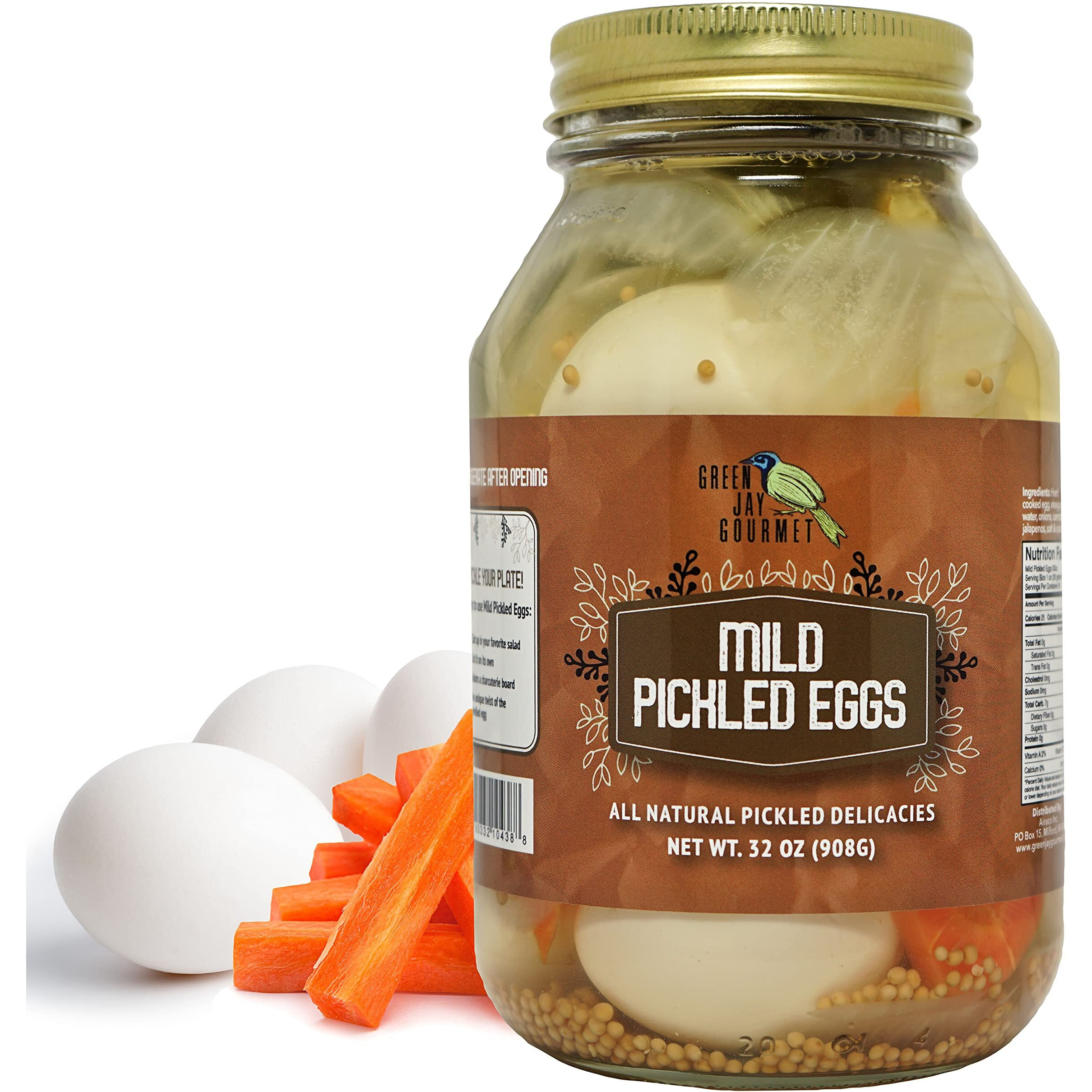Green Jay Gourmet Mild Pickled Eggs In A Jar - Fresh Hand Jarred Hen Eggs For Cooking & Pantry - Perfect Mild Flavor - Simple Natural Ingredients - 32 Ounce Jar