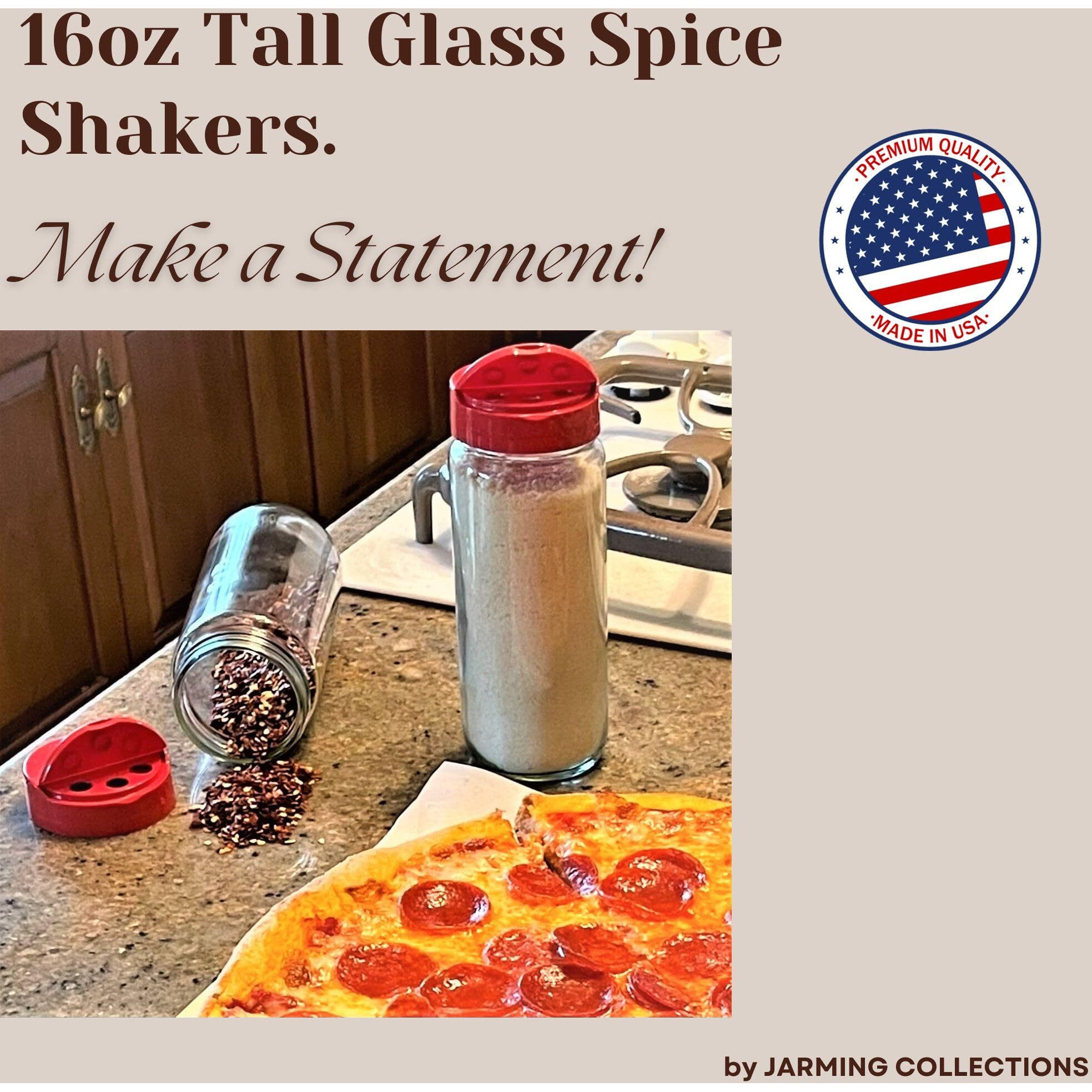 Jarming Collections Premium Glass Spice Shakers - 16 Oz Versatile Seasoning And Spice Dispenser With Sifting Lids For Popcorn, Cheese, Cinnamon, And Salt, Made In Usa