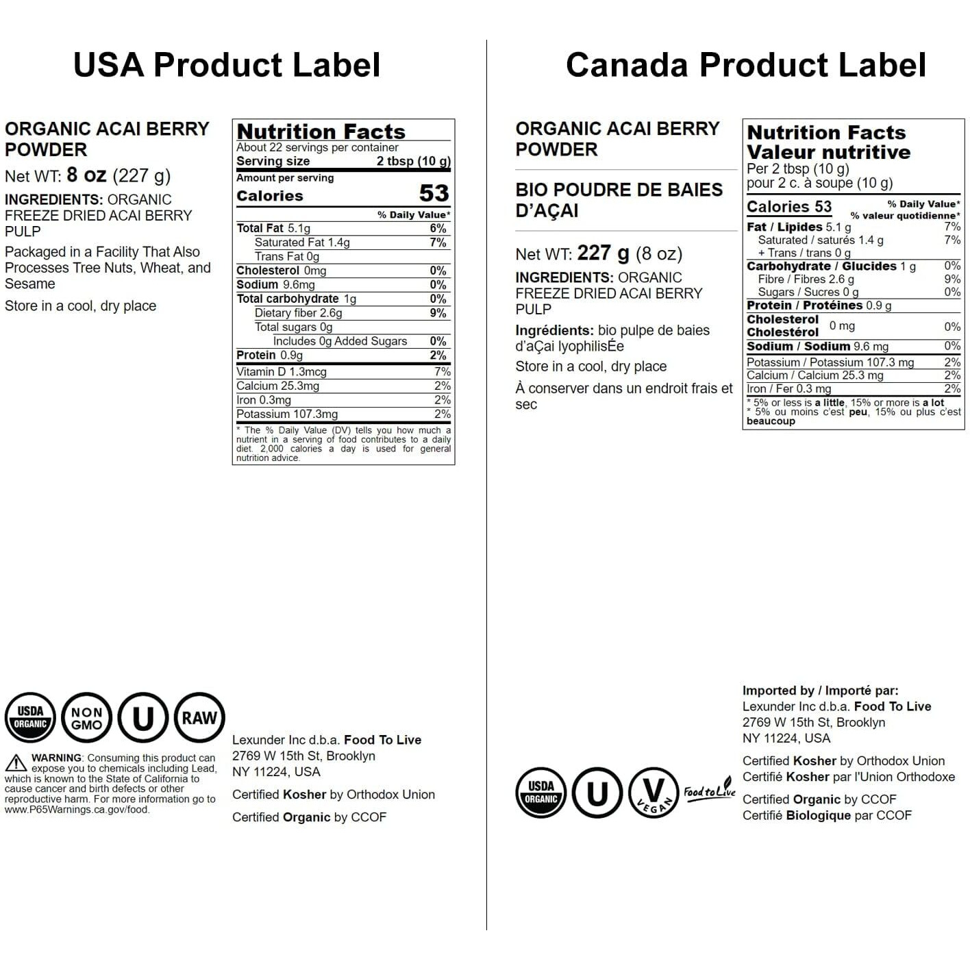 Food To Live Organic Acai Berry Powder, 8 Ounces - Non-Gmo, Kosher, Raw, Vegan, Freeze-Dried, Unsweetened, Unsulfured, Bulk
