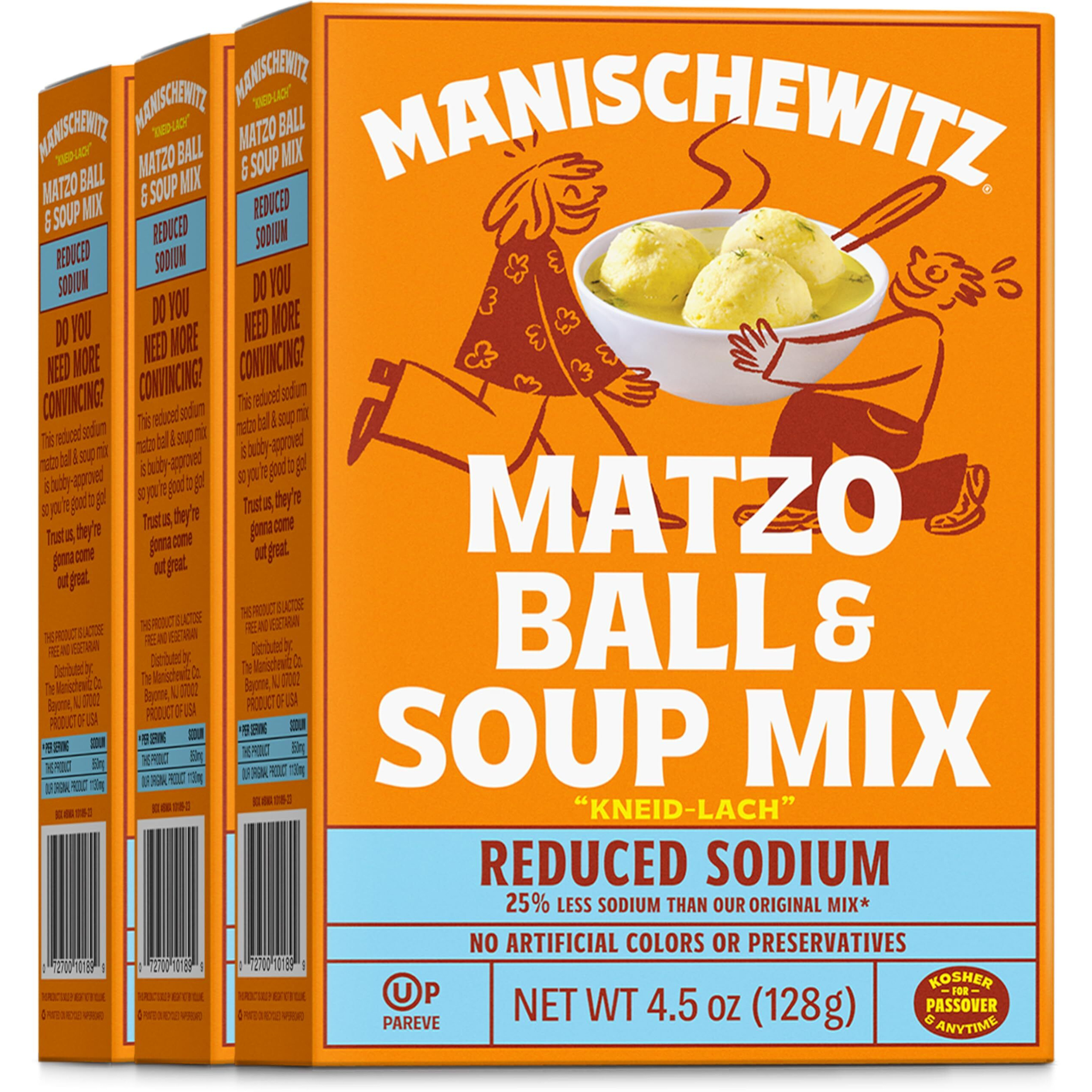 Manischewitz Reduced Sodium Matzo Ball & Soup Mix 4.5Oz (3 Pack), Kosher For Passover, No Artificial Colors Or Preservatives