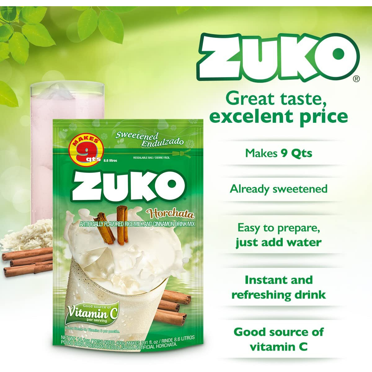 Zuko Horchata Instant Powder Drink | Family Pack | No Sugar Needed | Vitamin C | 14.1 Ounce (Pack Of 6)