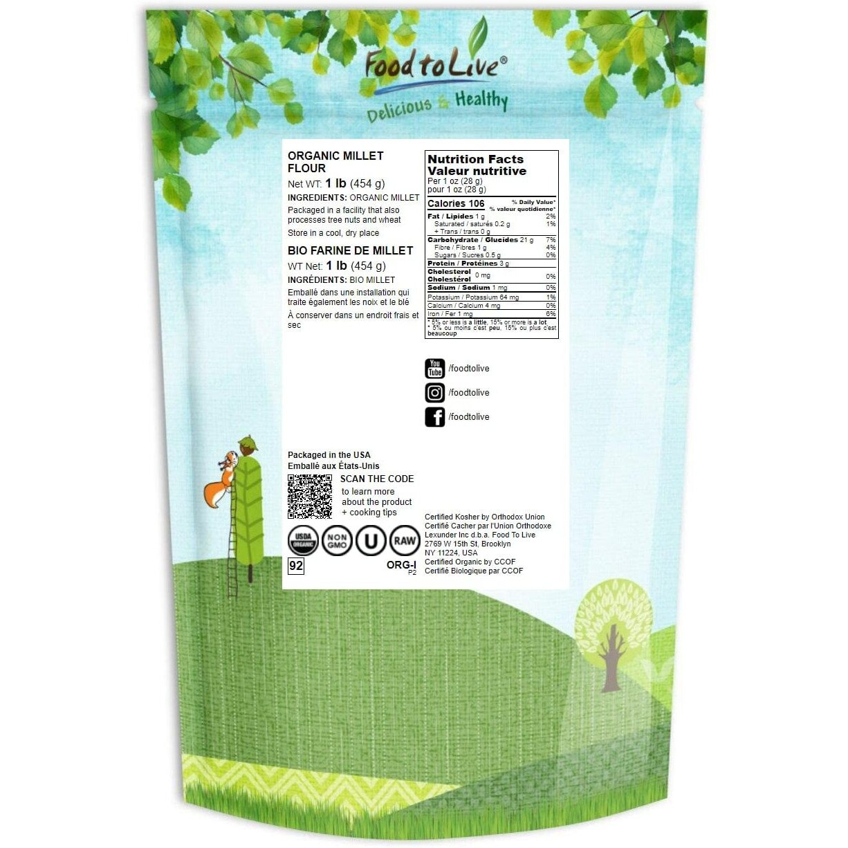 Food To Live Organic Millet Flour, 1 Pound Non-Gmo, Kosher, Vegan, Stone Ground, Unbleached, Unbromated, Bulk, Product Of The Usa