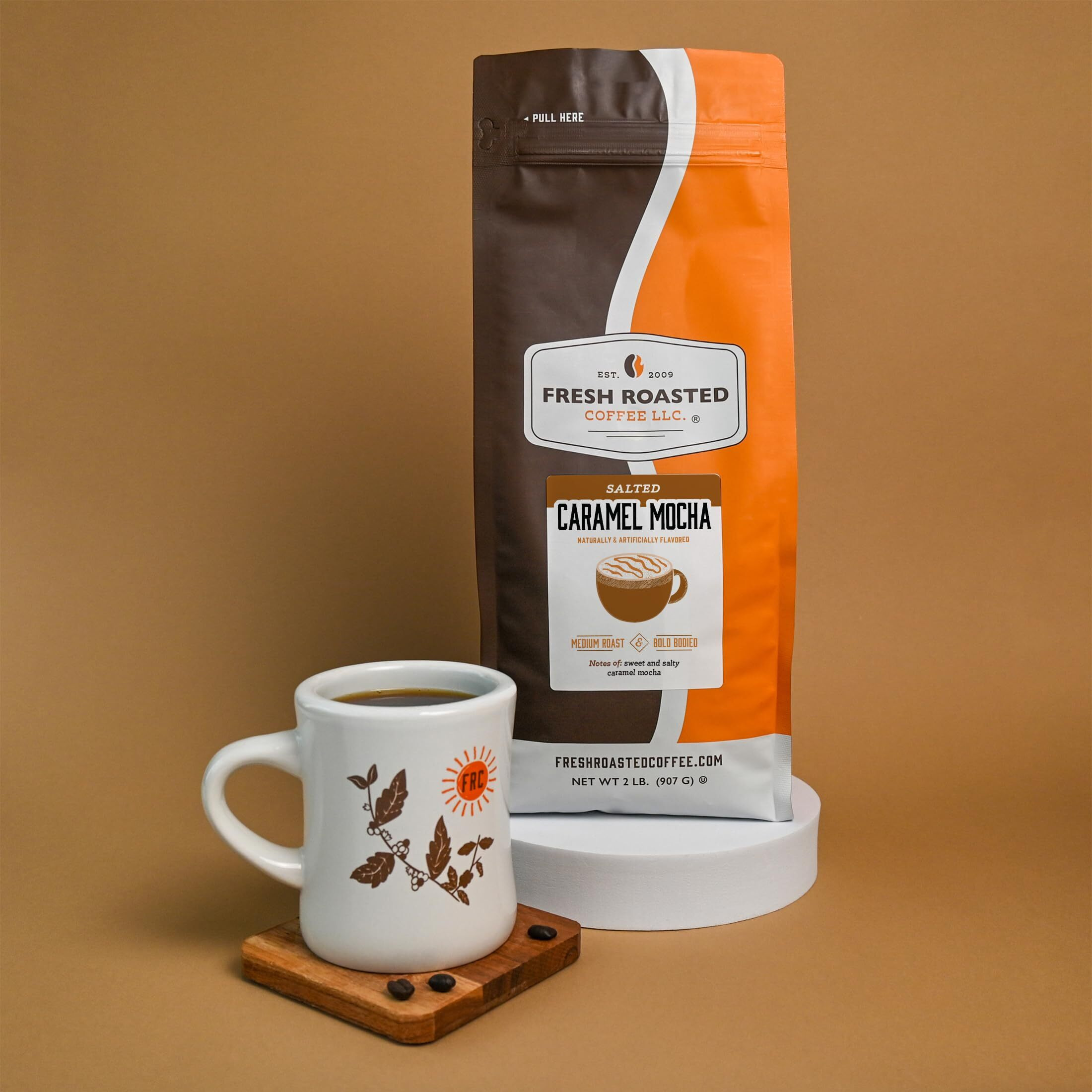 Fresh Roasted Coffee, Salted Caramel Mocha Flavored Coffee,5Lb, Medium Roast, Kosher, Whole Bean