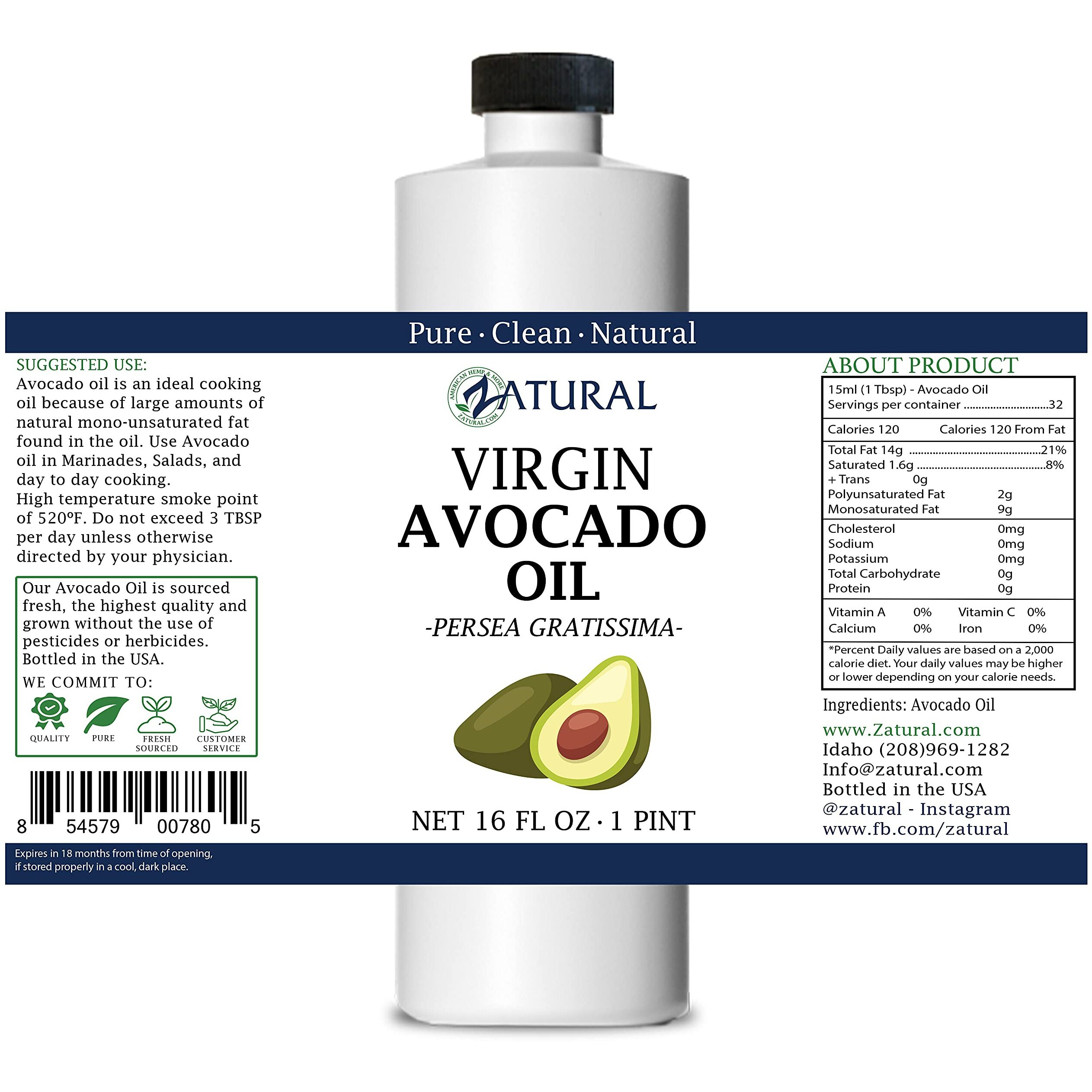 Zatural Organically Grown Avocado Oil 100% Pure Cold Pressed Natural Oil For High Temp Cooking (16Oz)